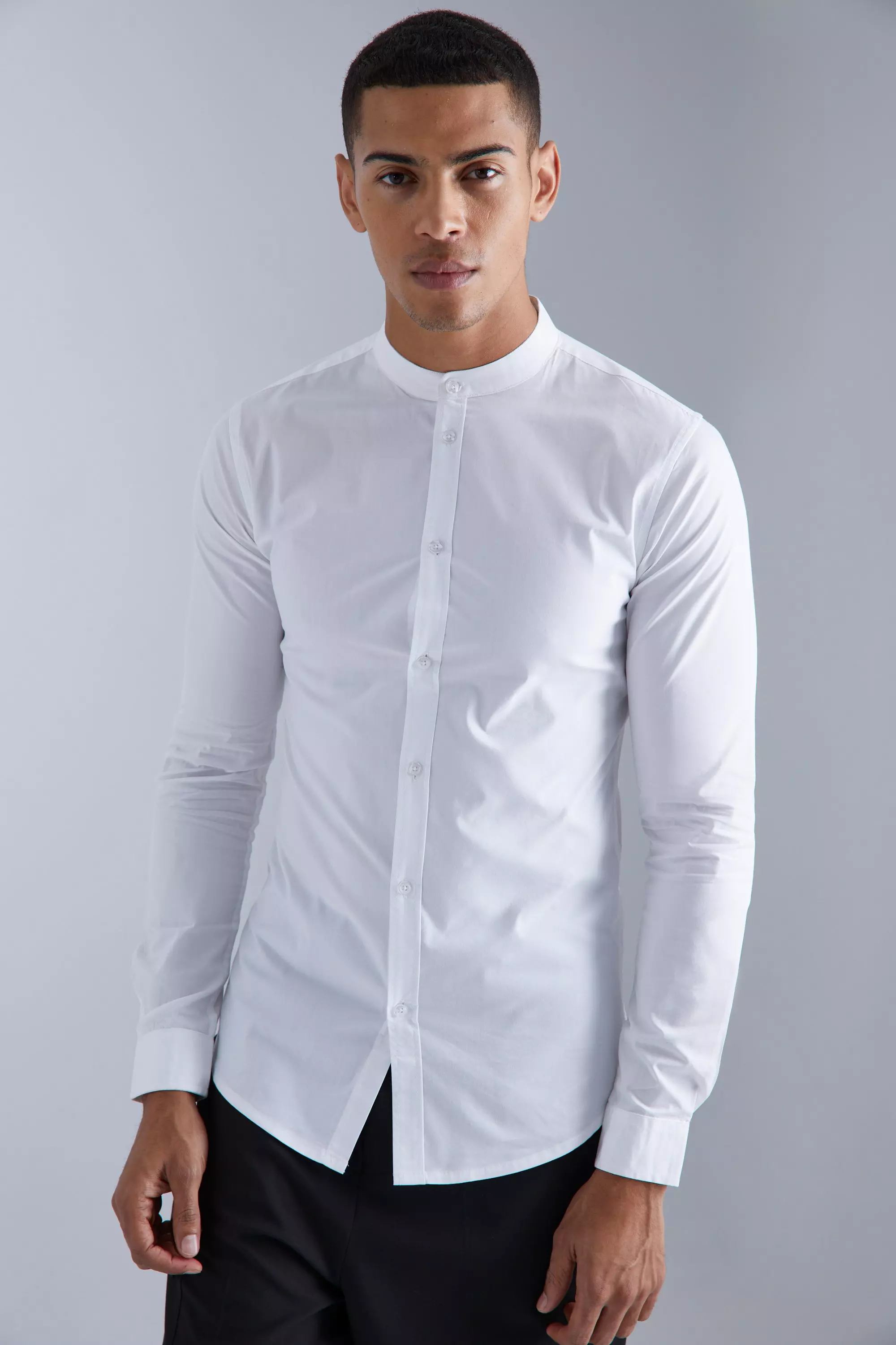 Long Sleeve Grandad Collar Muscle Shirt White