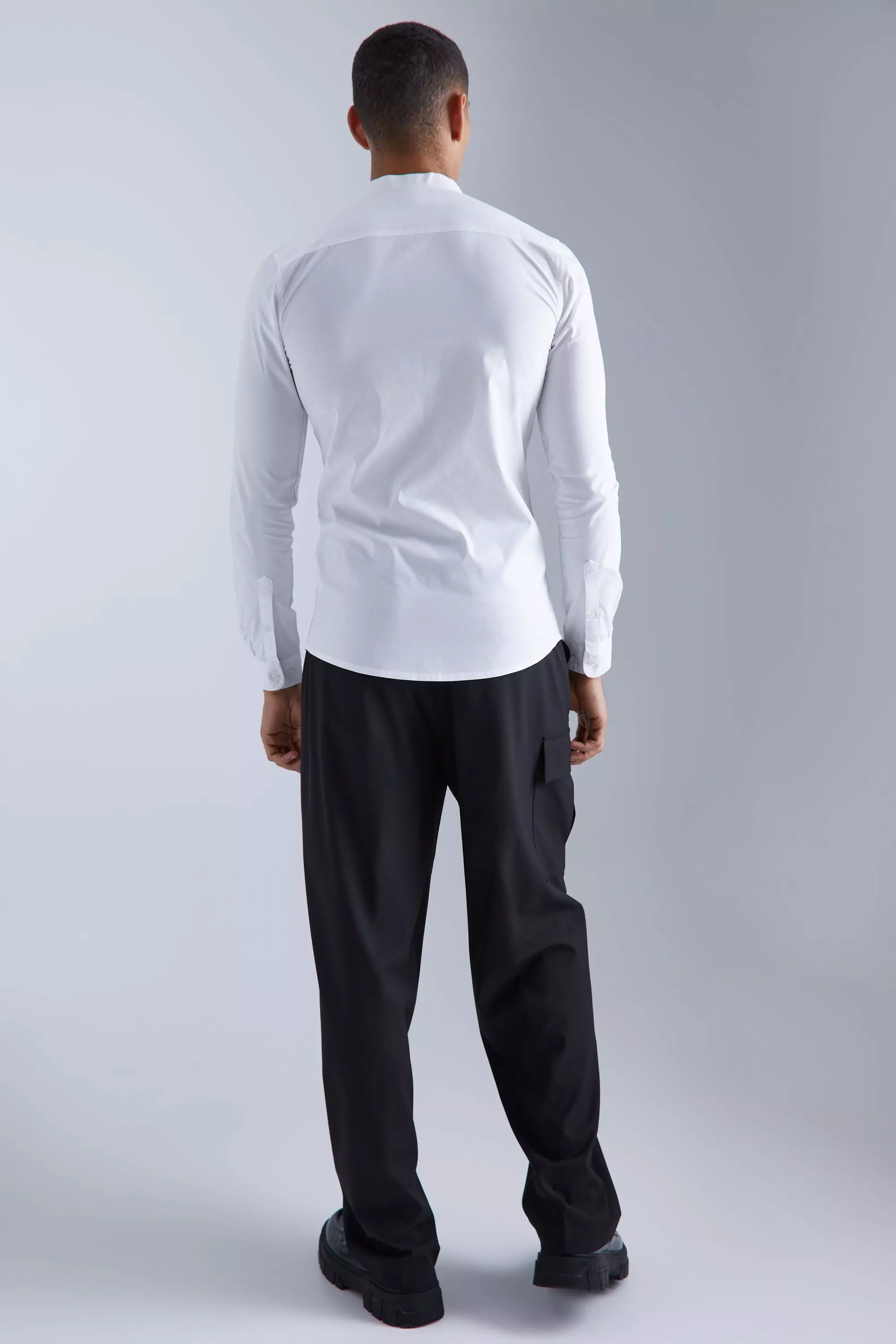 White Long Sleeve Grandad Collar Stretch Fit Shirt alternative image