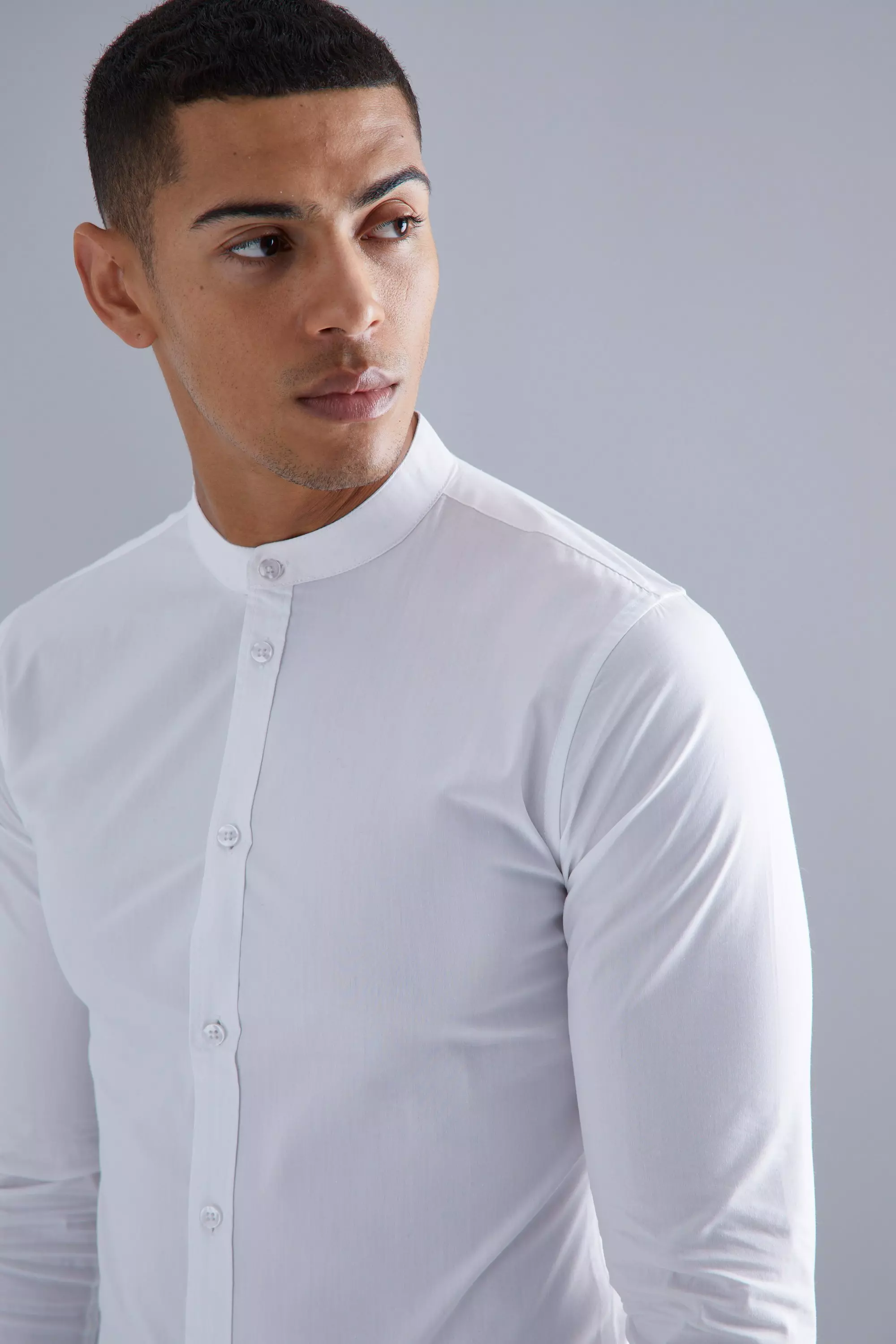 White Long Sleeve Grandad Collar Stretch Fit Shirt alternative image