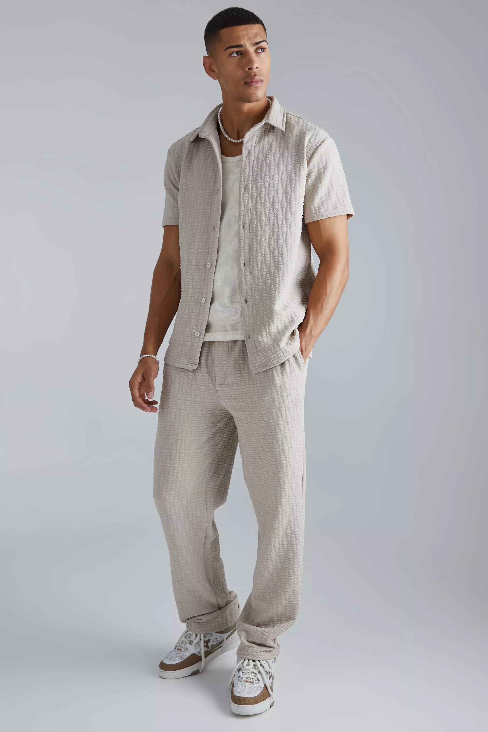 Short Sleeve Textured Stretch Shirt And Pants Set | boohooMAN USA