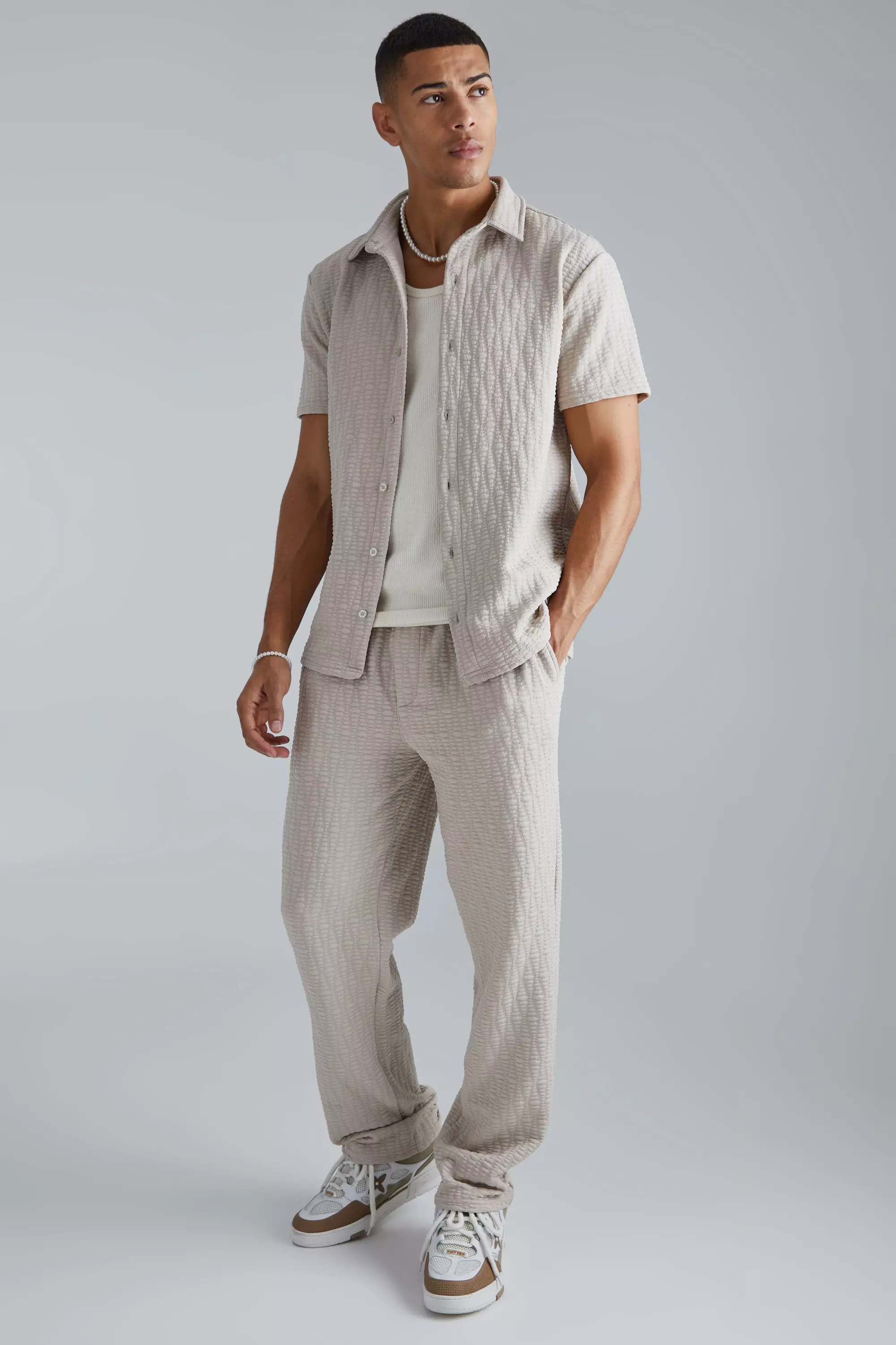 Stone Beige Short Sleeve Textured Stretch Shirt And Pants Set