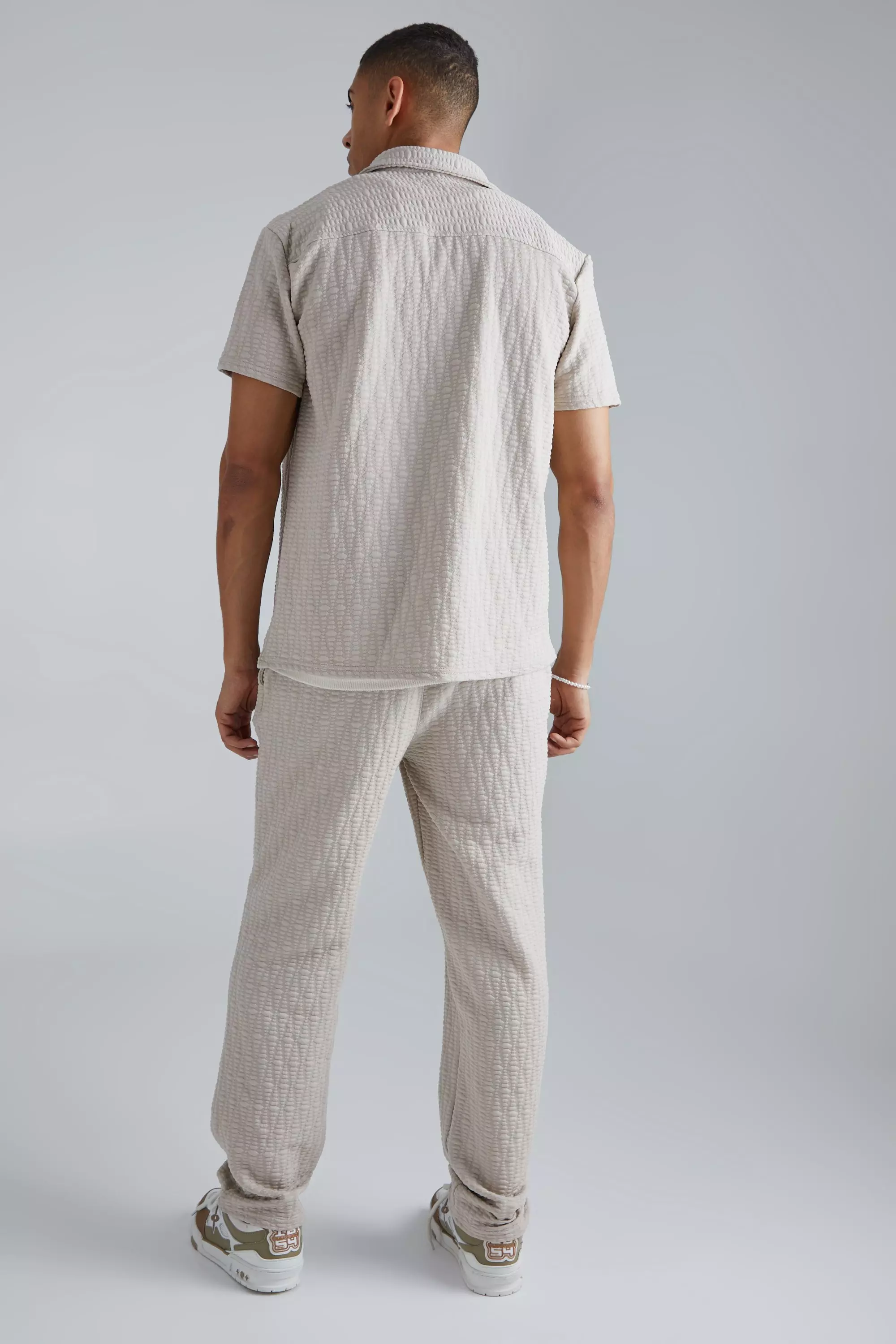 Short Sleeve Textured Stretch Shirt And Pants Set | boohooMAN USA