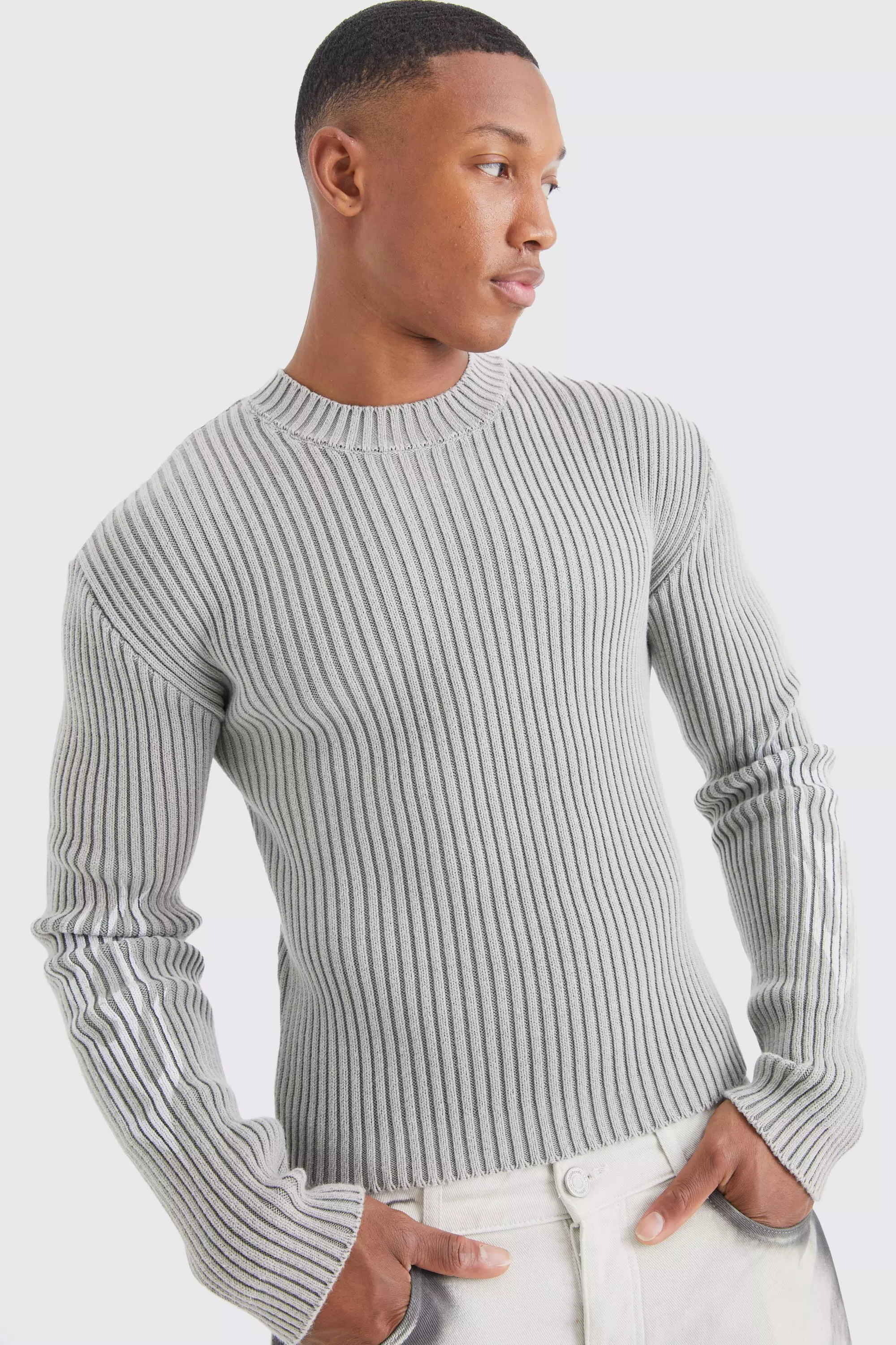 Stone Muscle Fit Ribbed Acid Wash Knit Jumper alternative image