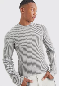 Muscle Fit Ribbed Acid Wash Knit Jumper Stone