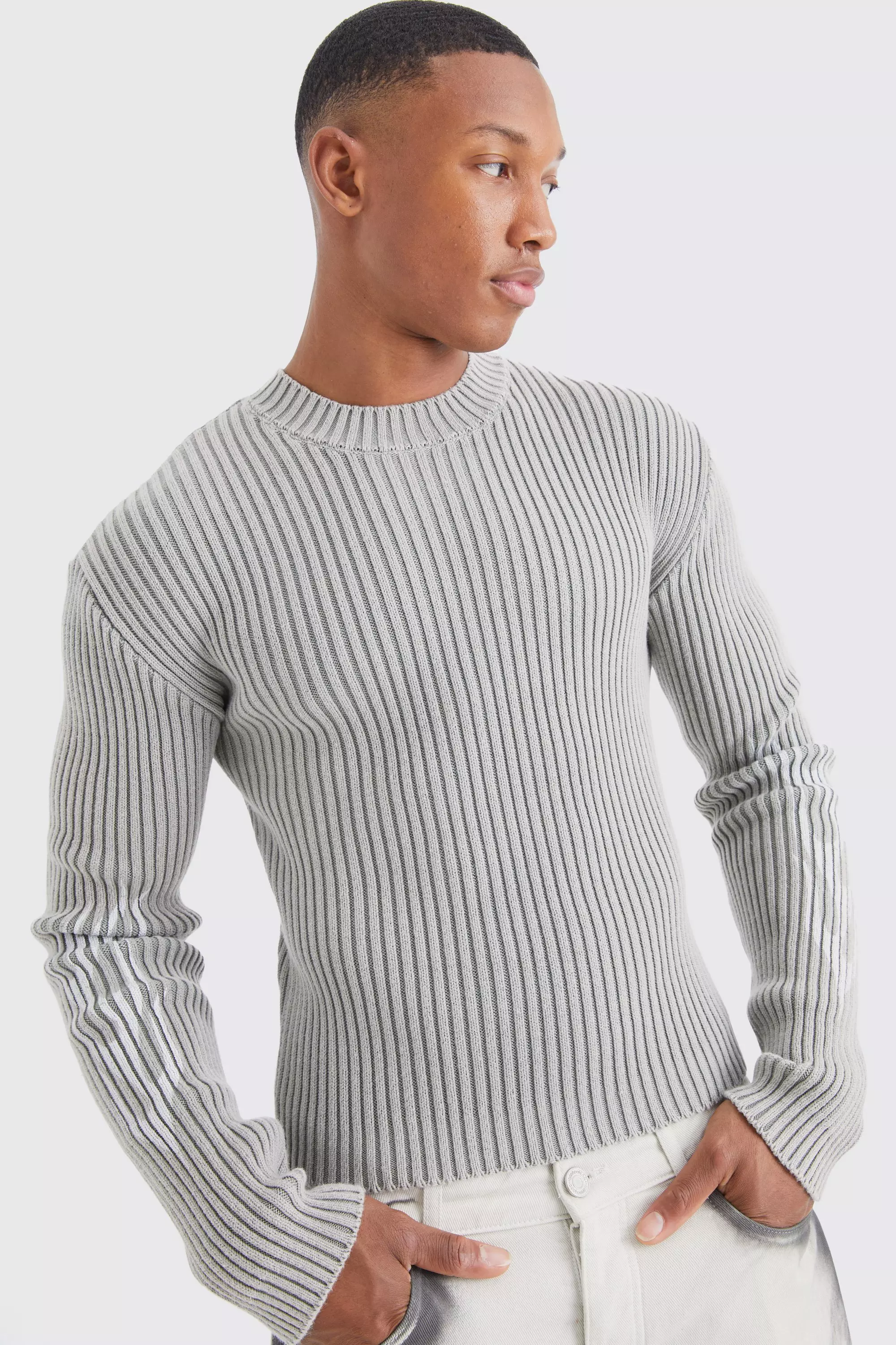 Muscle Fit Ribbed Acid Wash Knit Jumper Stone