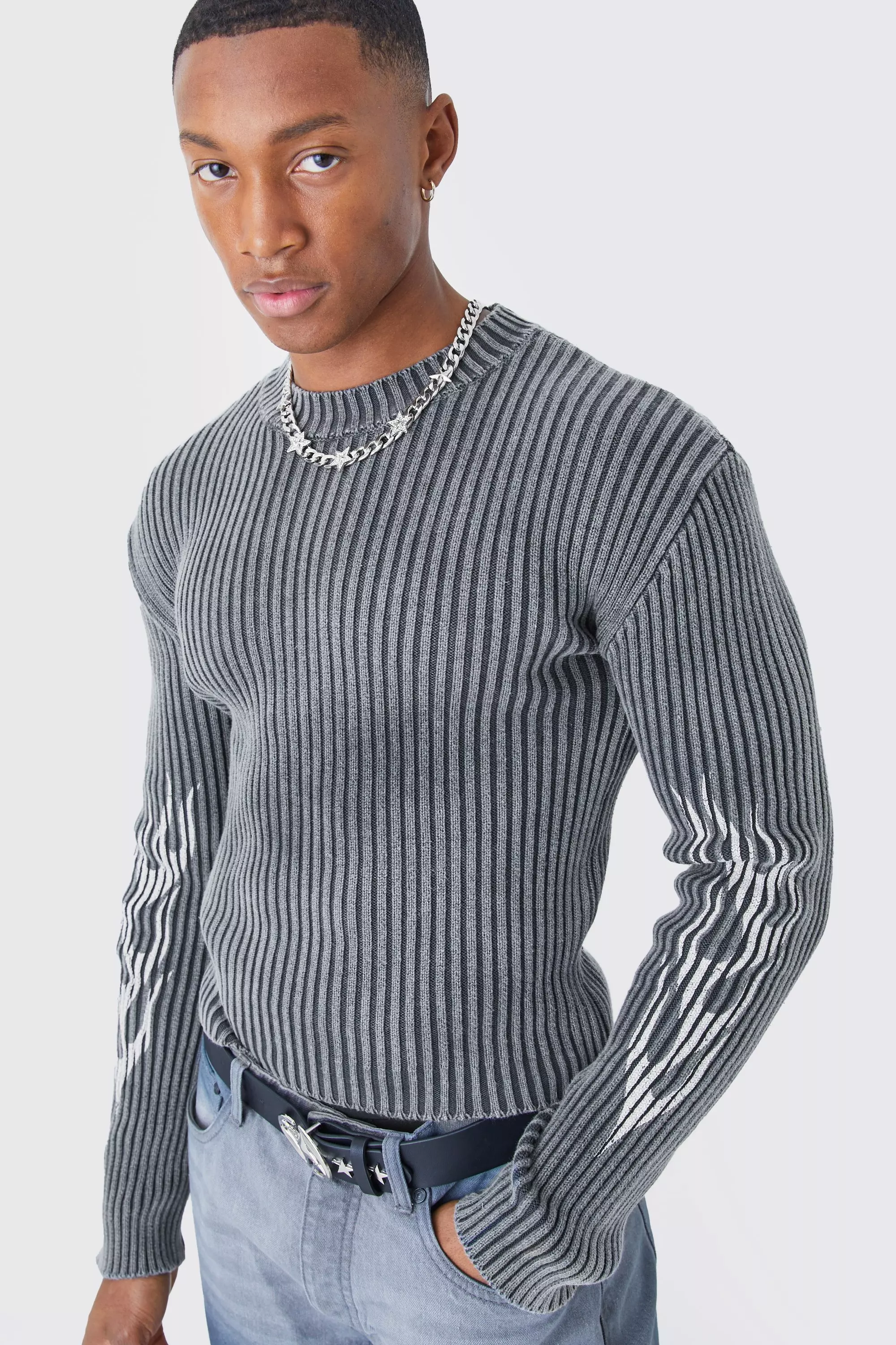 Black Muscle Fit Ribbed Acid Wash Knit Jumper