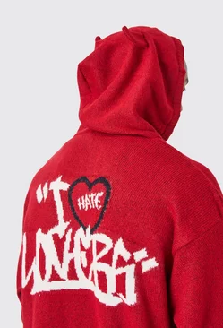 Red Oversized Brushed Devil Ears Knitted Hoodie