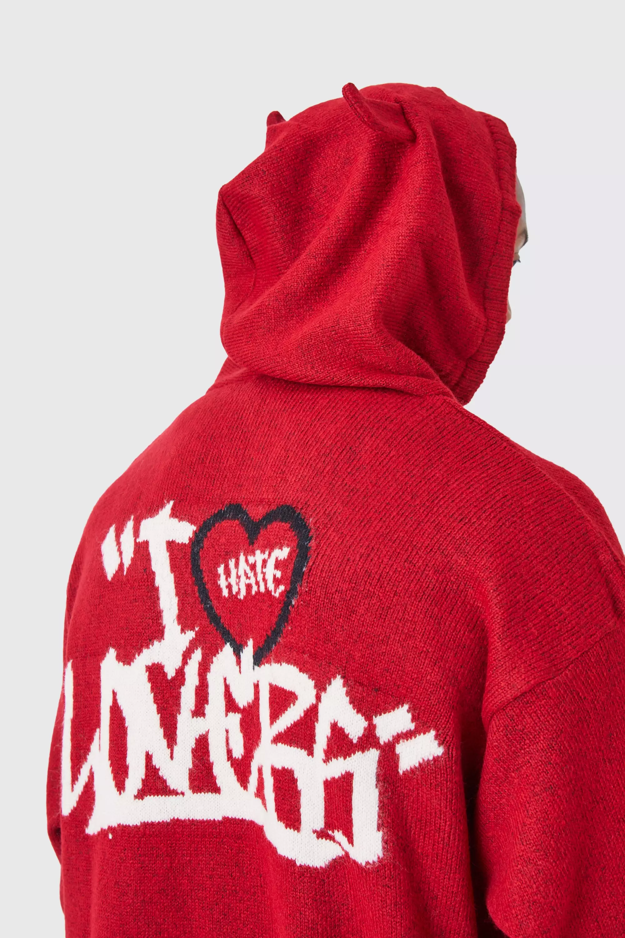 Red Oversized Brushed Devil Ears Knitted Hoodie