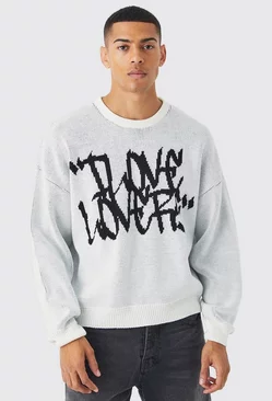 White Boxy Crew Neck Slogan Knit Sweater