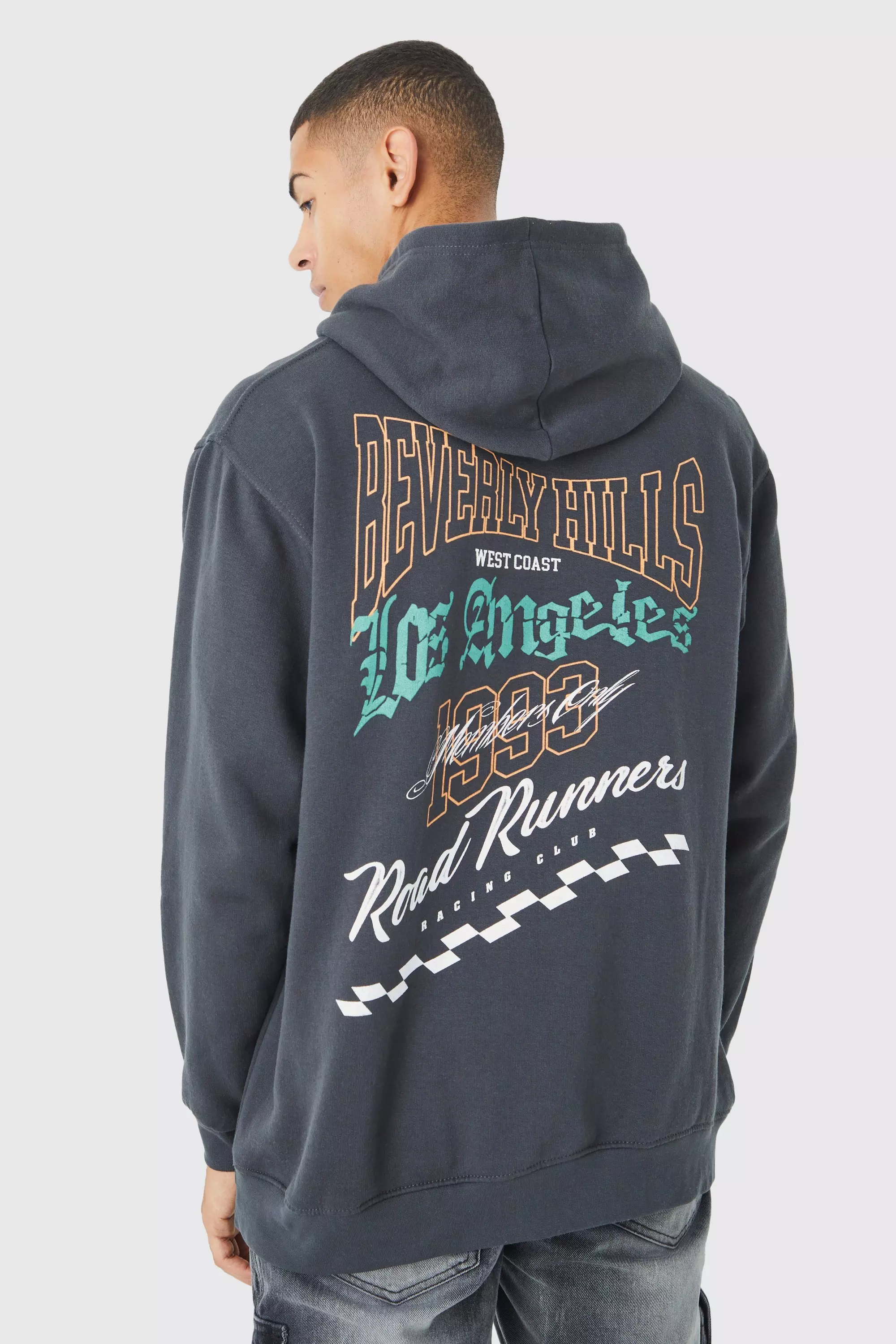 Charcoal Grey Oversized Beverly Hills Back Graphic Hoodie