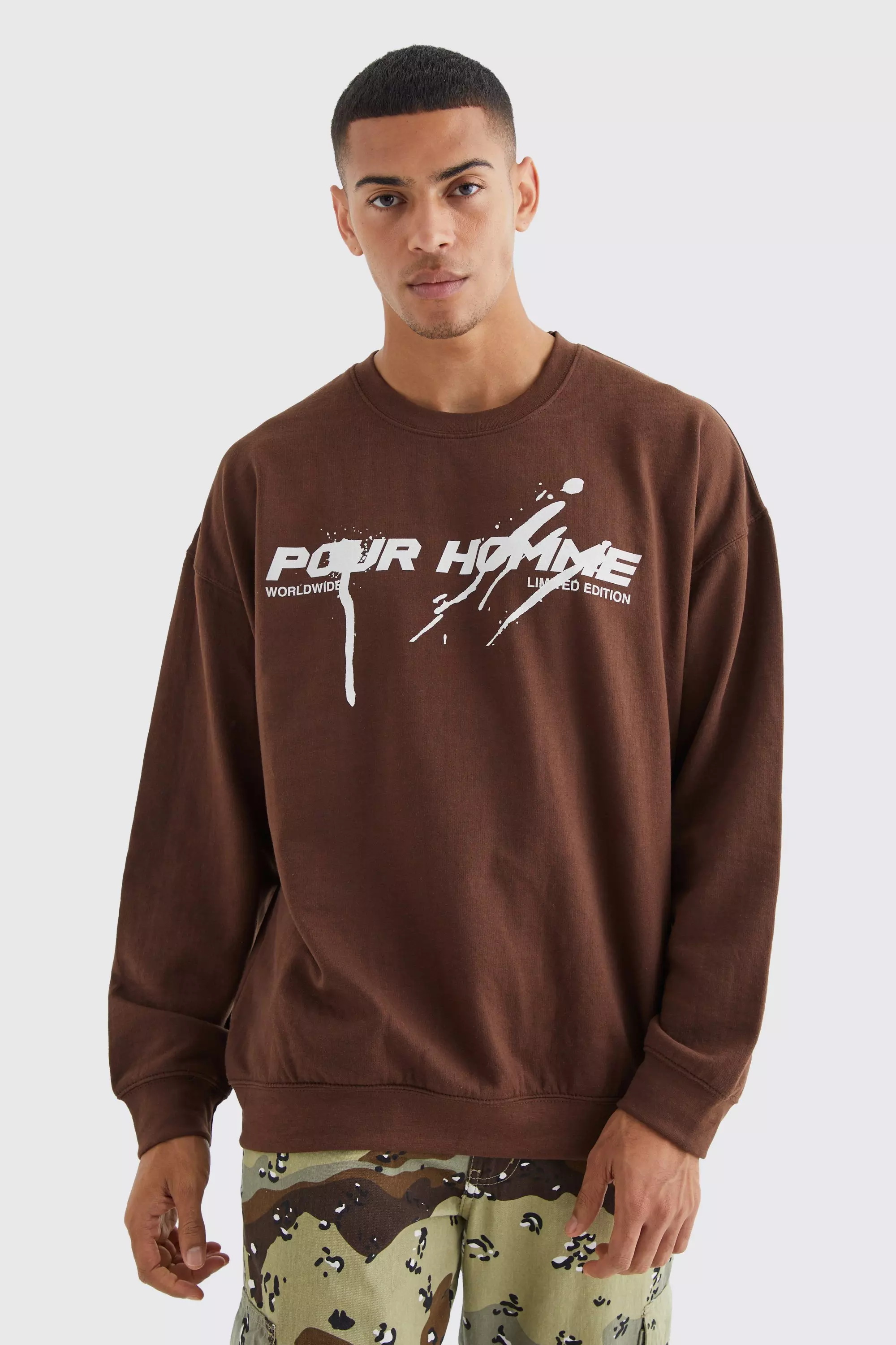 Chocolate Brown Pour Homme Paint Splatter Sweatshirt