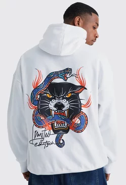 White Oversized Panther Snake Graphic Hoodie