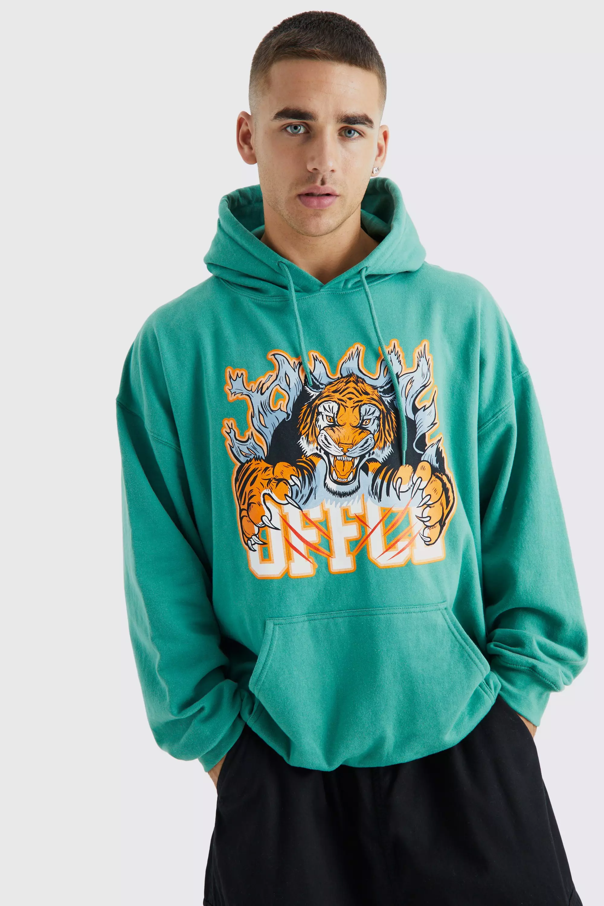 Oversized Tiger Varsity Graphic Hoodie military green