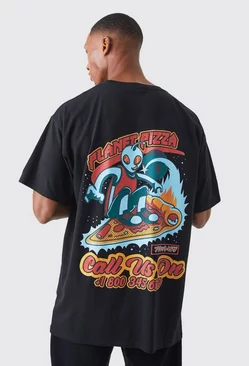 Oversized Space Pizza Graphic T-shirt Black