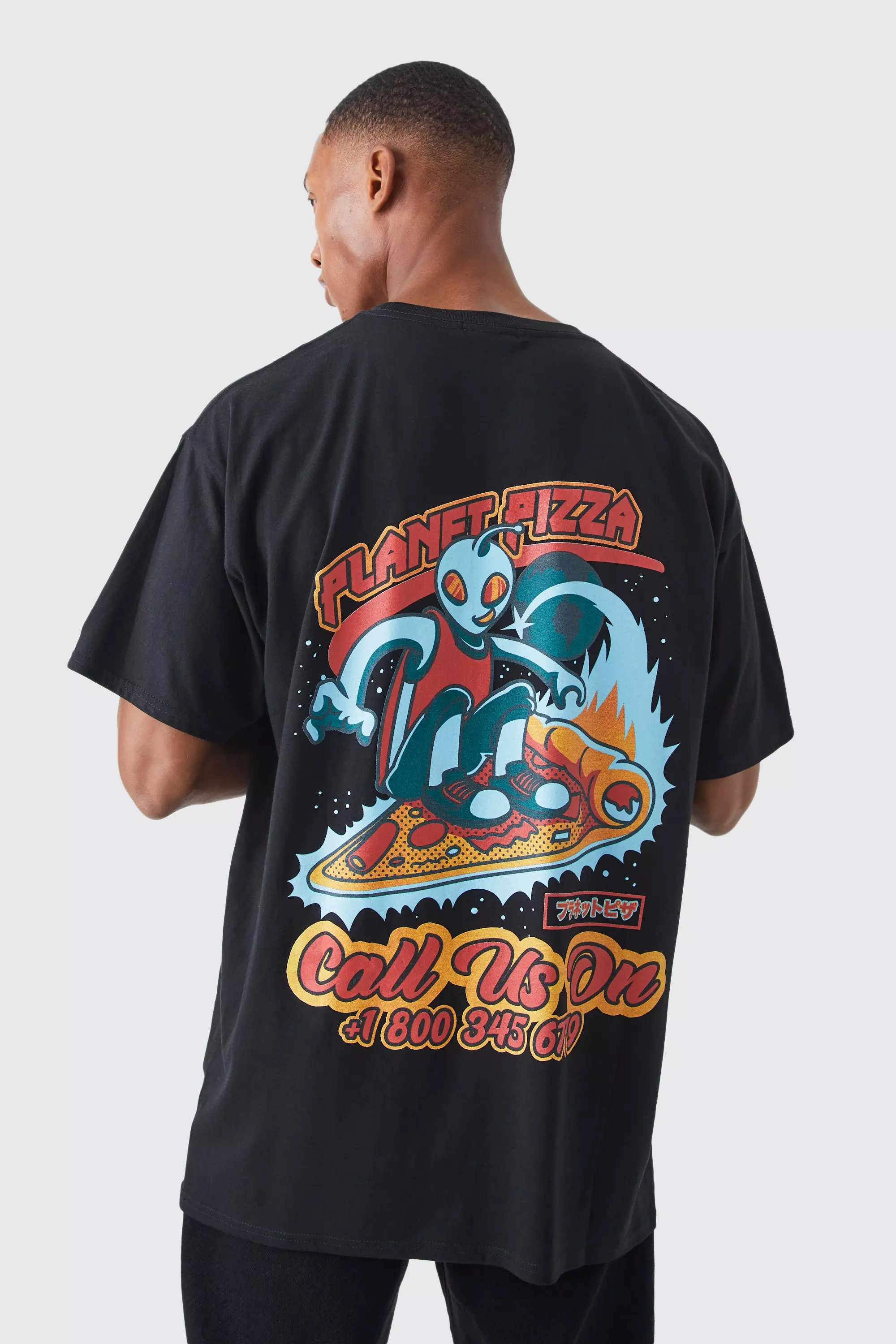 Oversized Space Pizza Graphic T-shirt Black