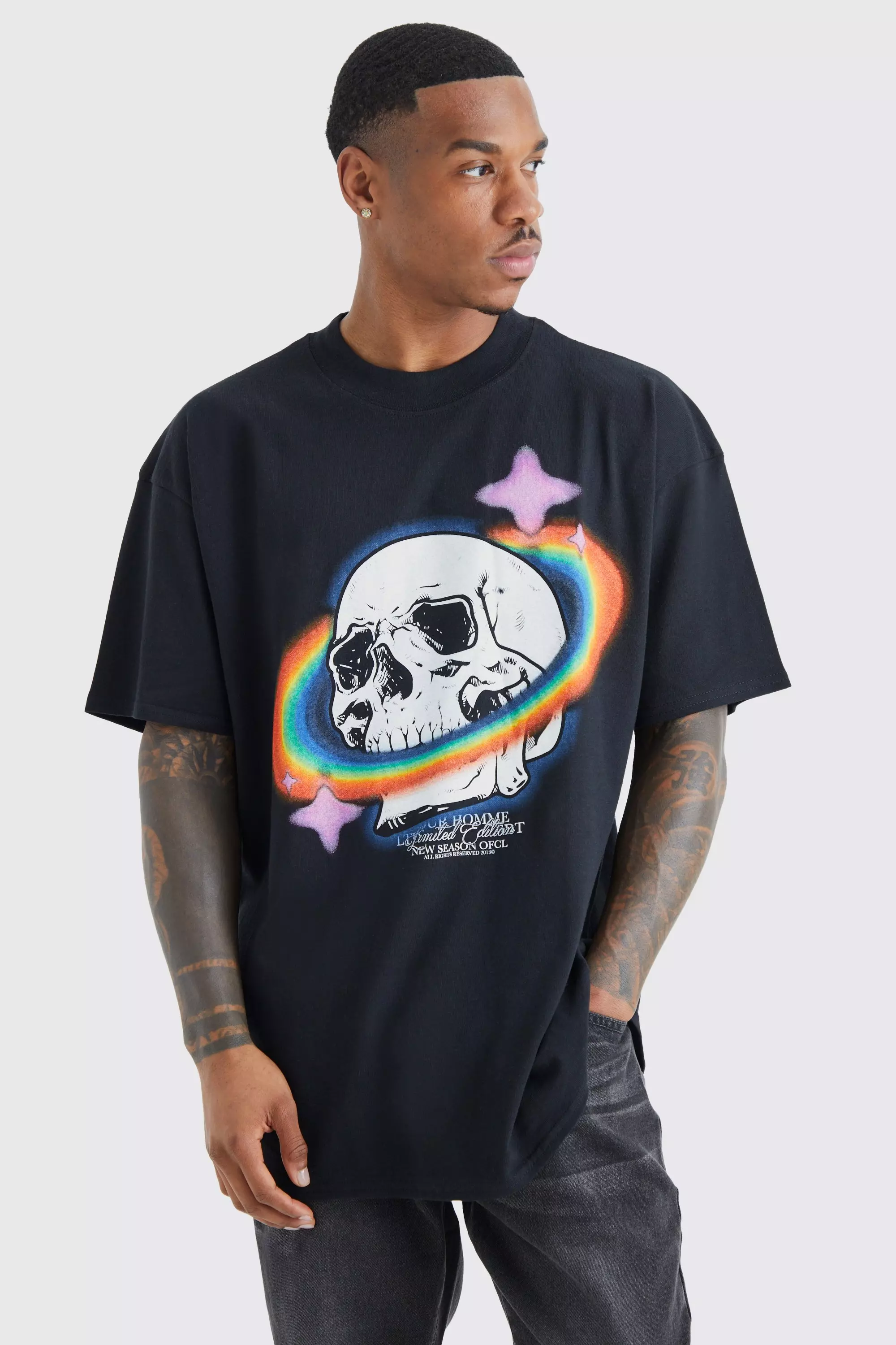 Oversized Rainbow Skull T-shirt Black