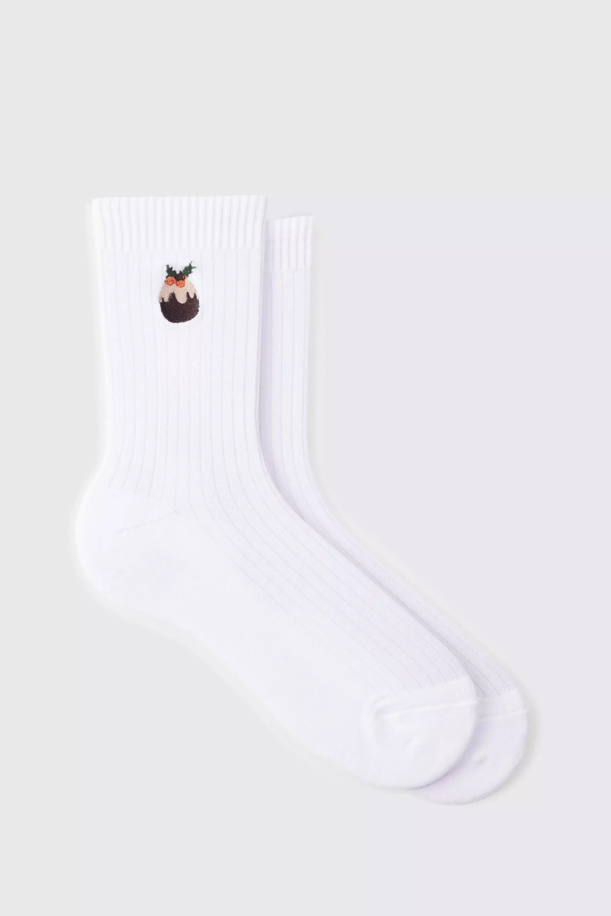 Christmas Pudding Embroidered Socks White