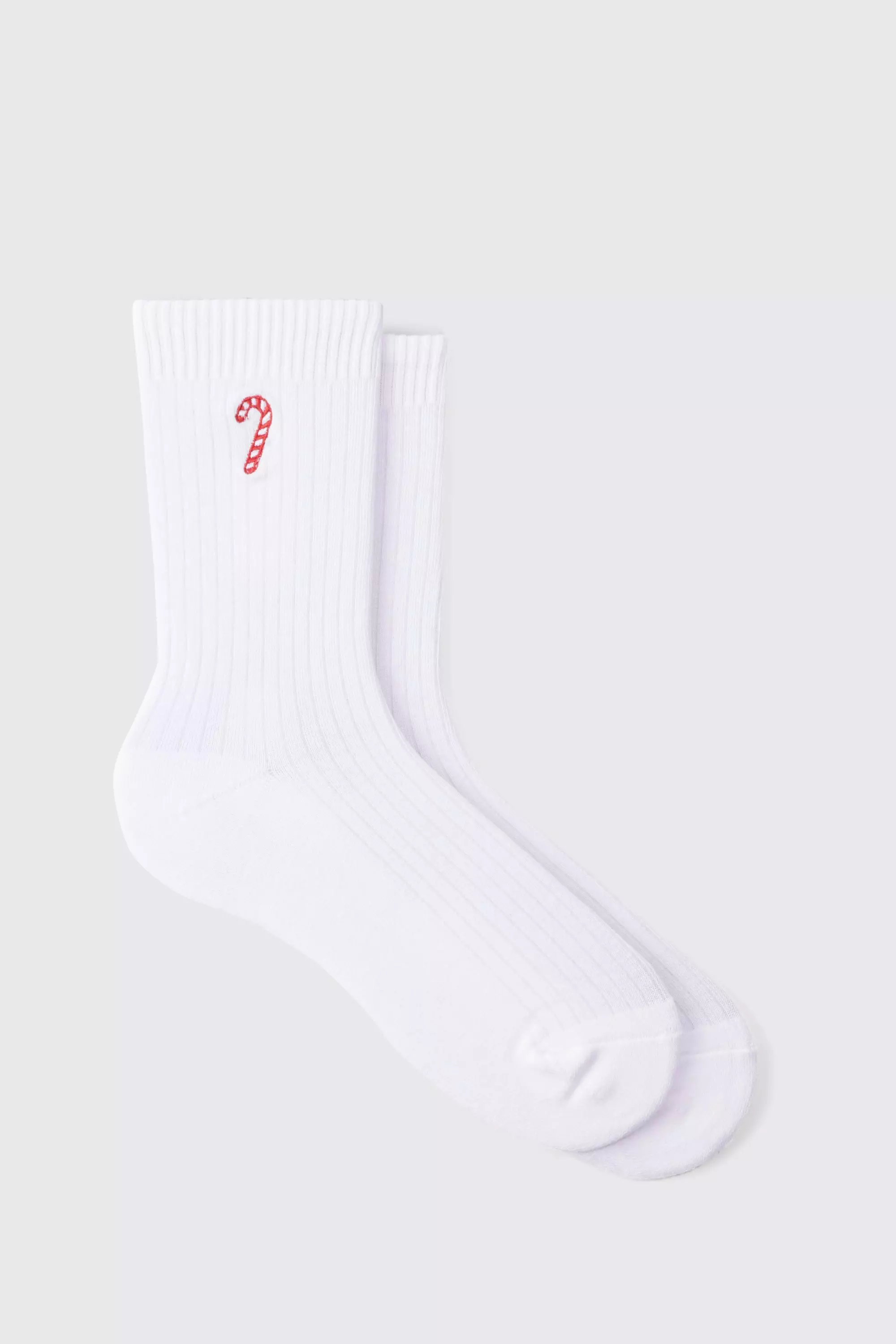 Christmas Candy Cane Embroidered Socks White