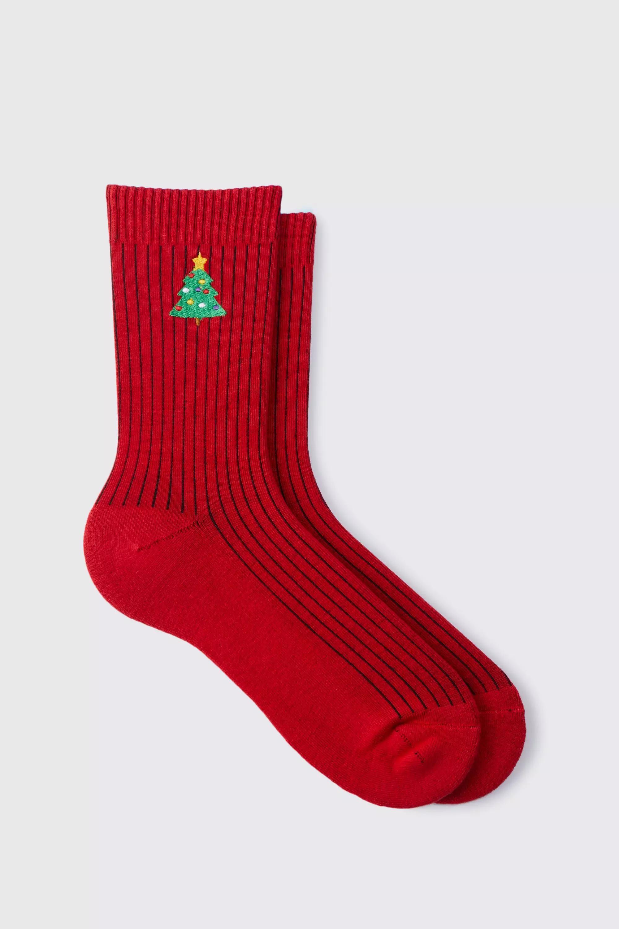 Christmas Tree Embroidered Socks Red