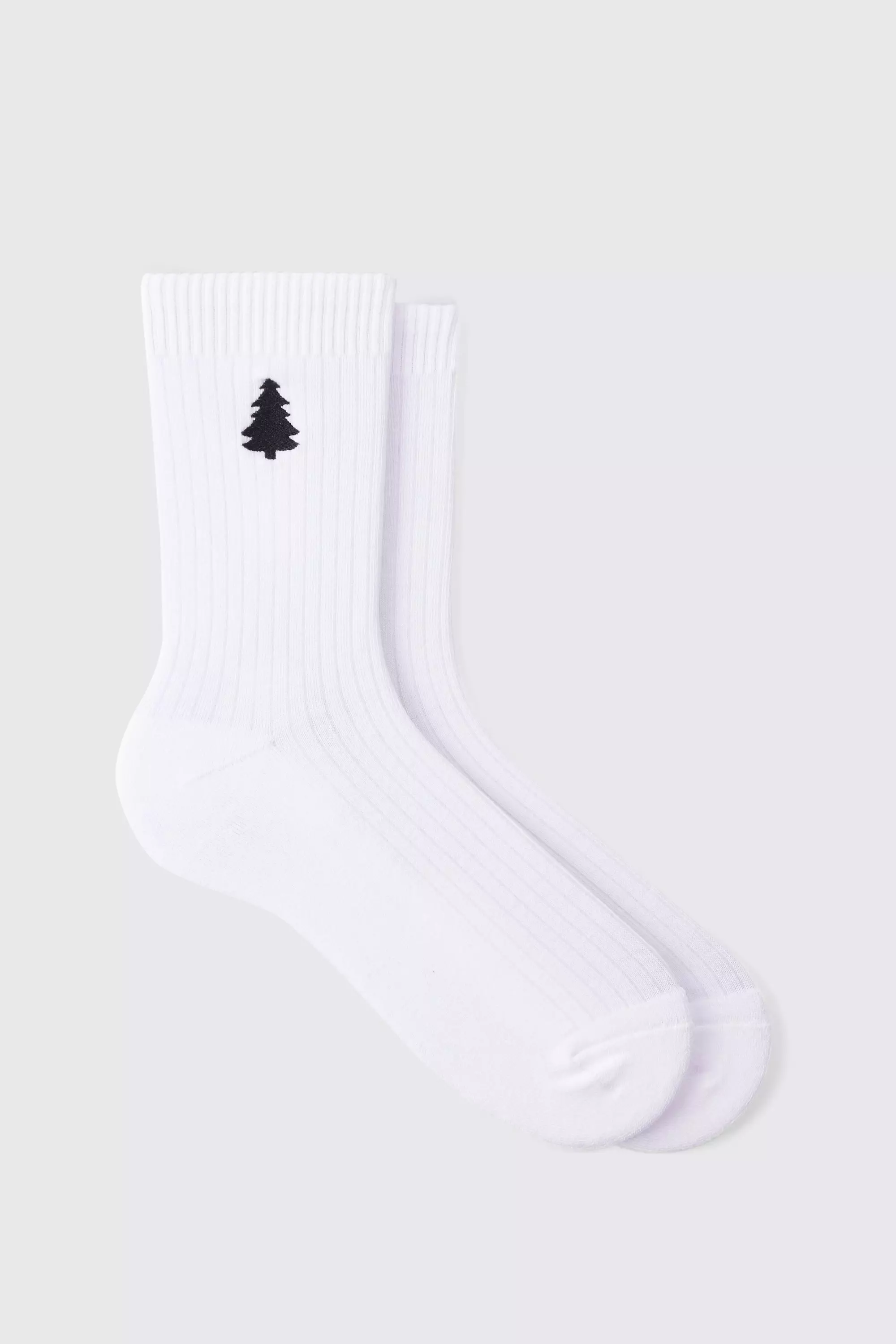 Christmas Tree Embroidered Socks White