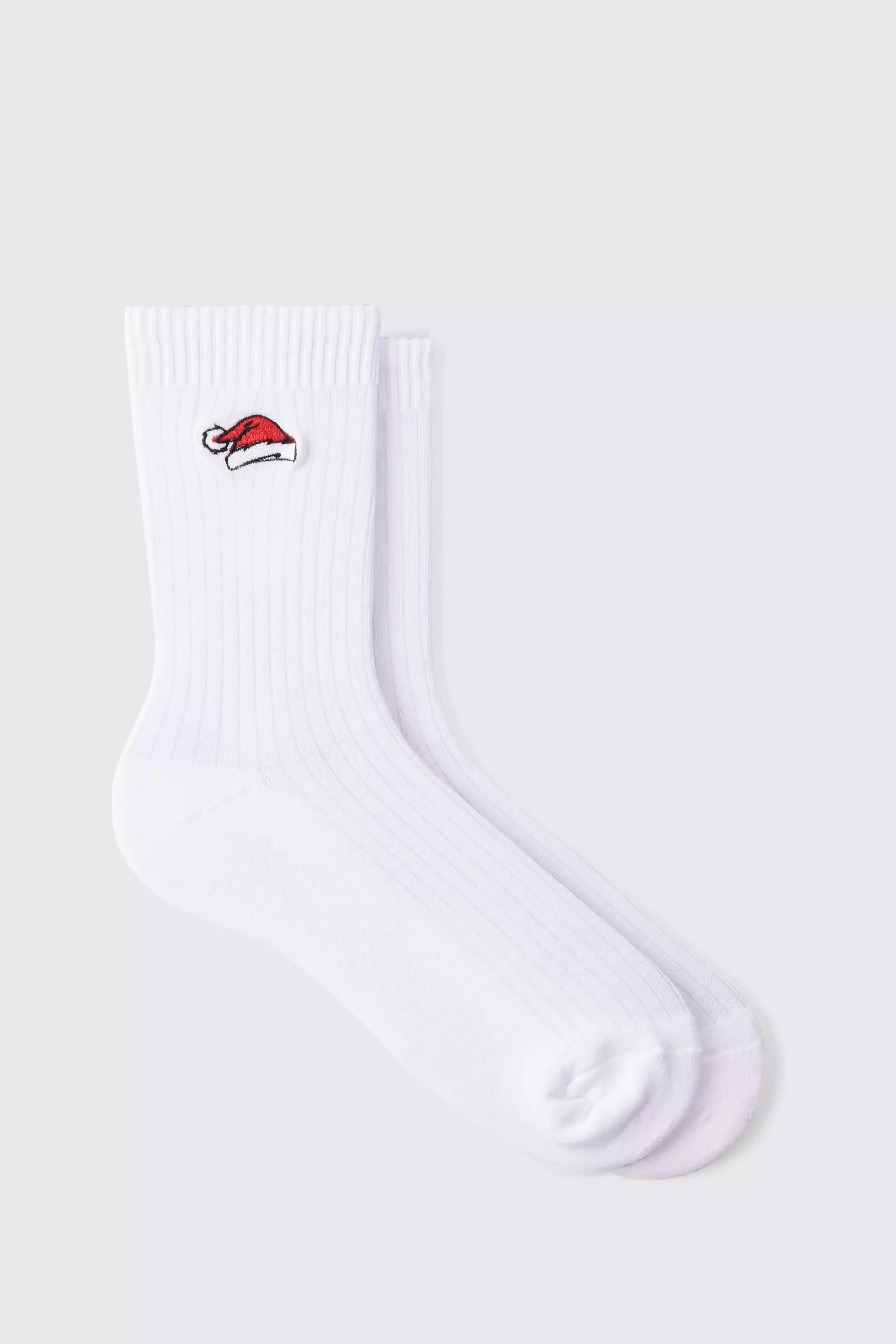 Santa Hat Embroidered Socks White