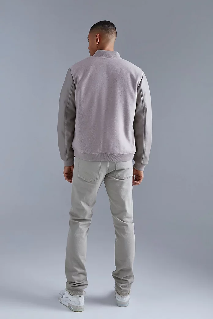 Regular Fit Melton & PU Patch Bomber Jacket | boohooMAN Regular Fit Melton & PU Patch Bomber Jacket | boohooMAN