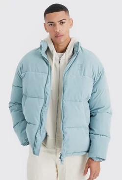 Blue Oversized Peached Nylon Embroidered Puffer