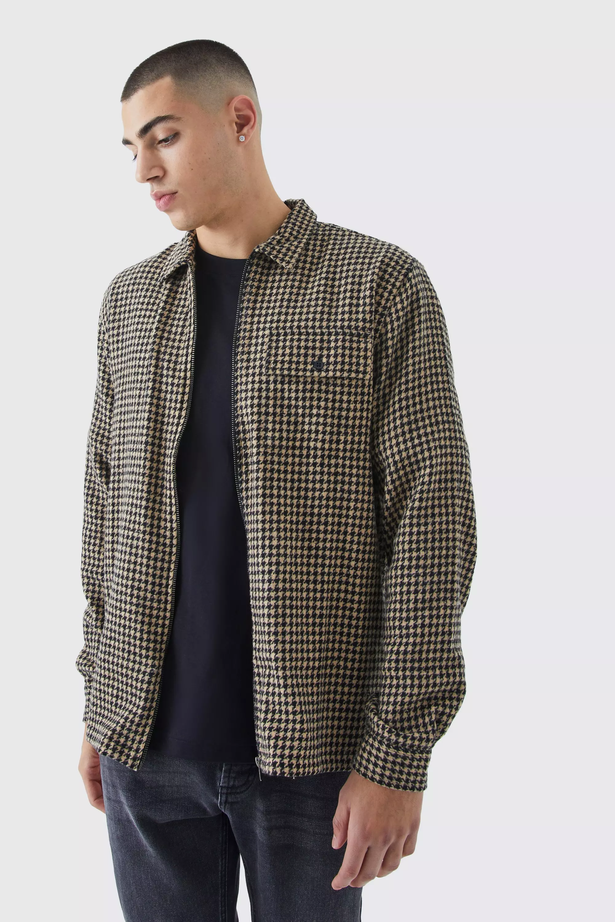 Dogtooth Jacquard Zip Through Overshirt Tan