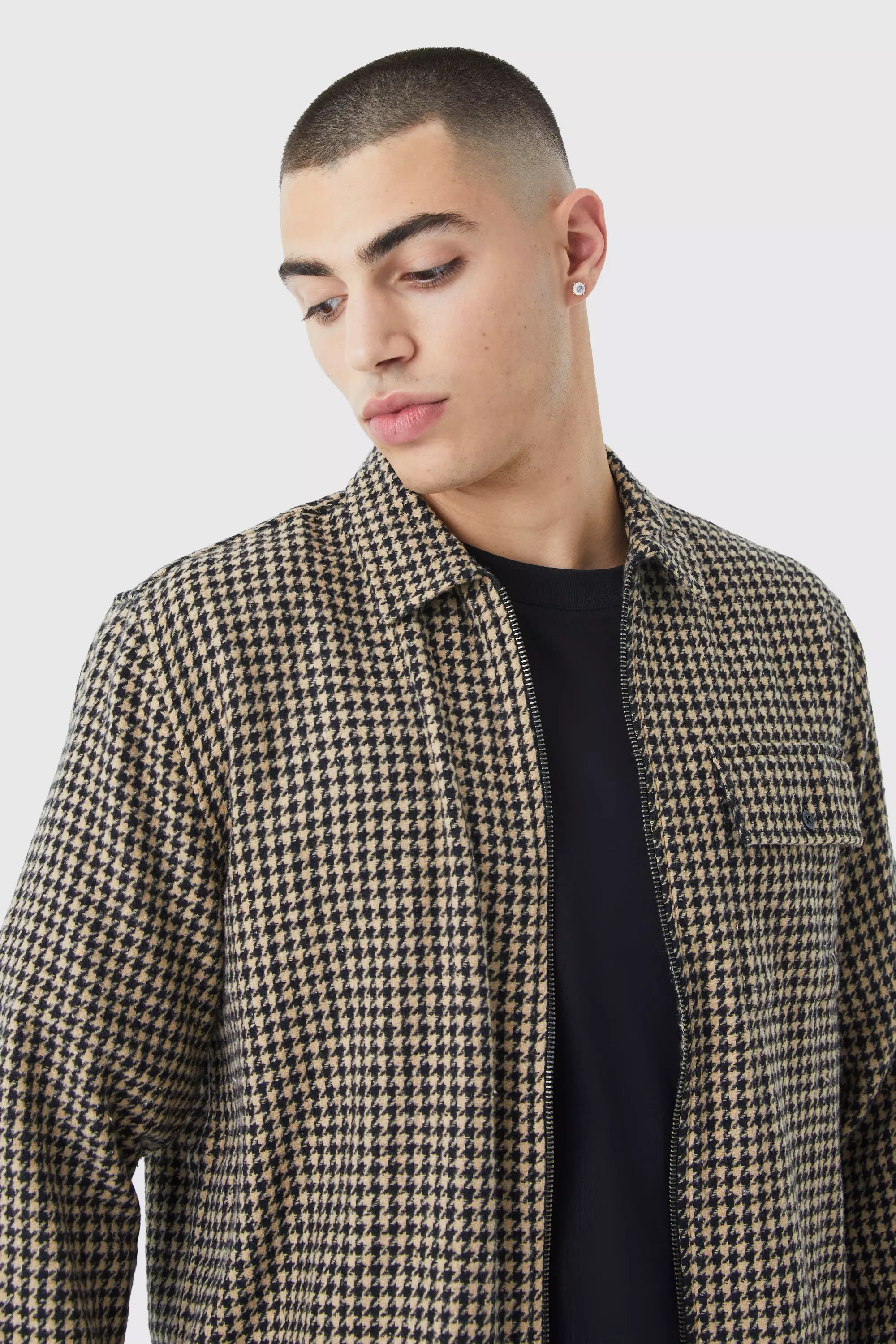 Tan Jacquard Dogtooth Overhemd Met Rits alternatieve afbeelding