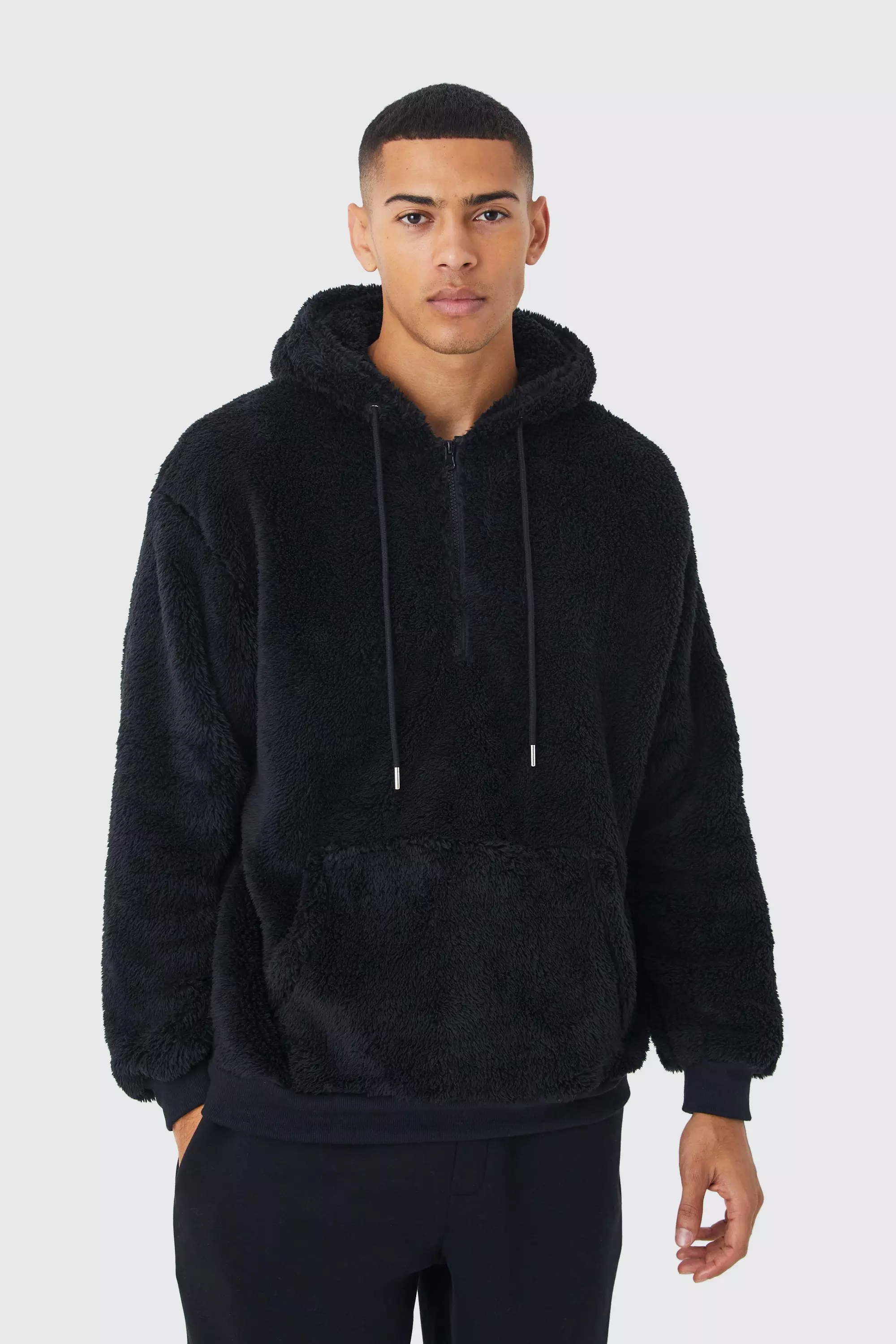 Oversized Half Zip Neck Borg Hoodie Black