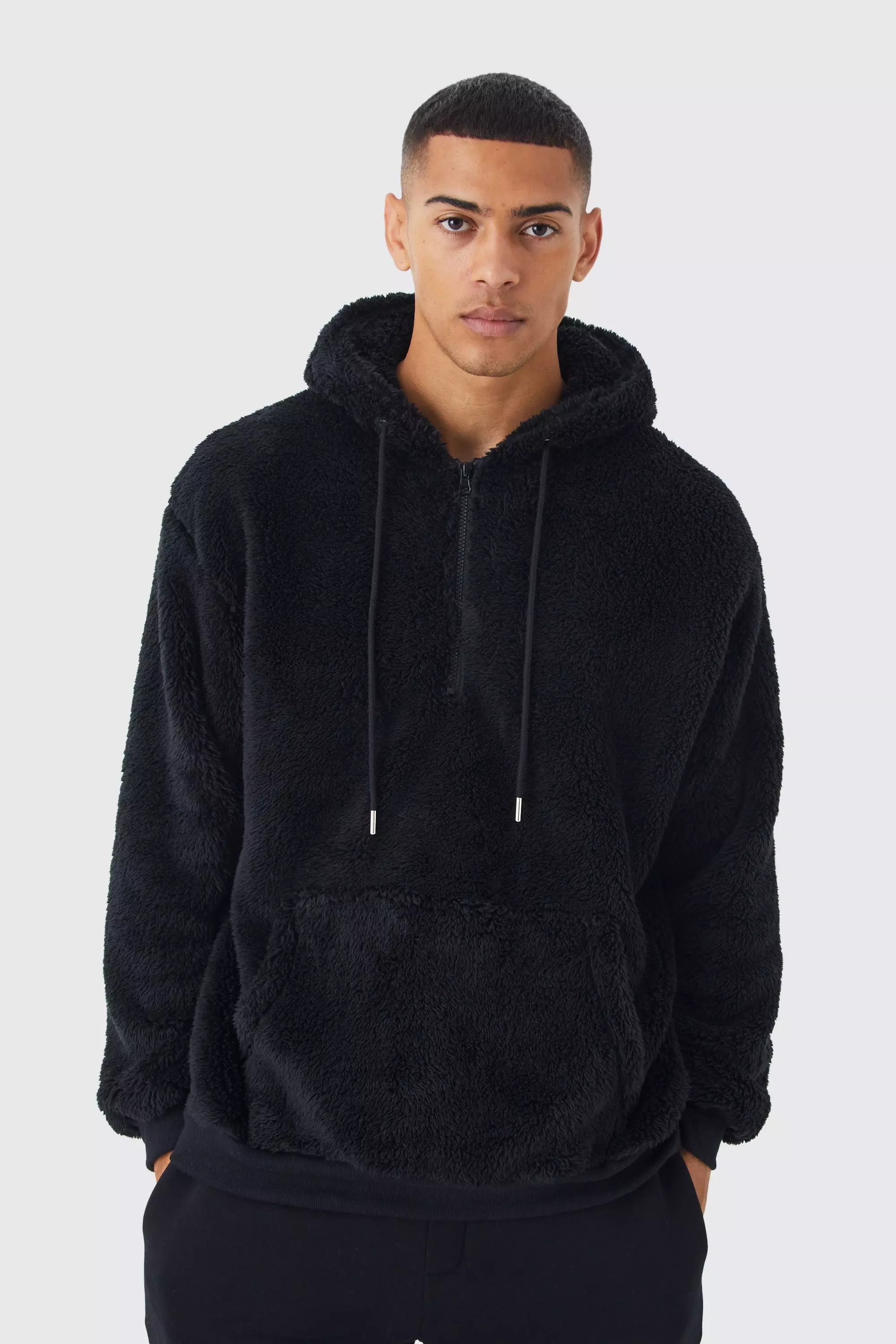 Oversized Half Zip Neck Borg Hoodie Black