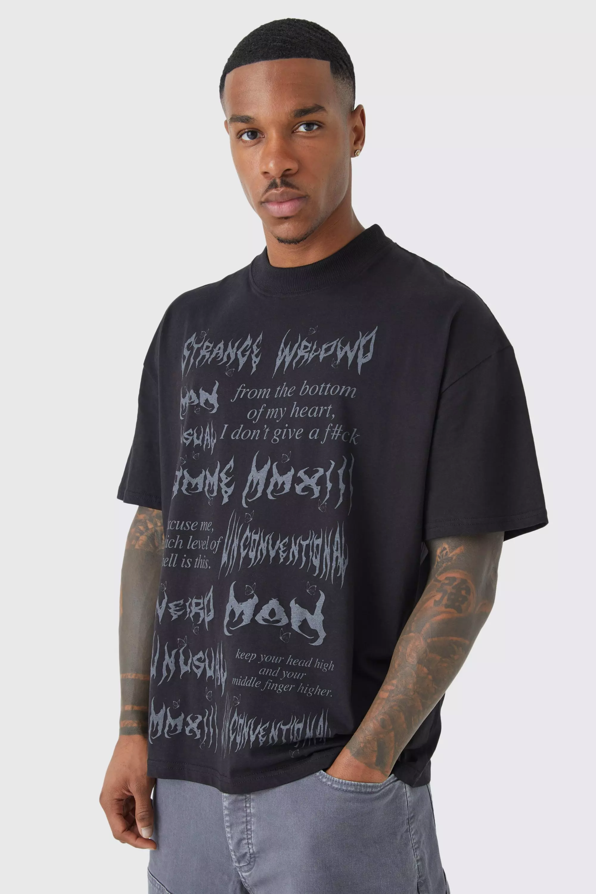 Black Oversized Extended Neck Gothic Text T-shirt