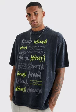 Tall Oversized Gothic Text Acid Wash T-shirt Black