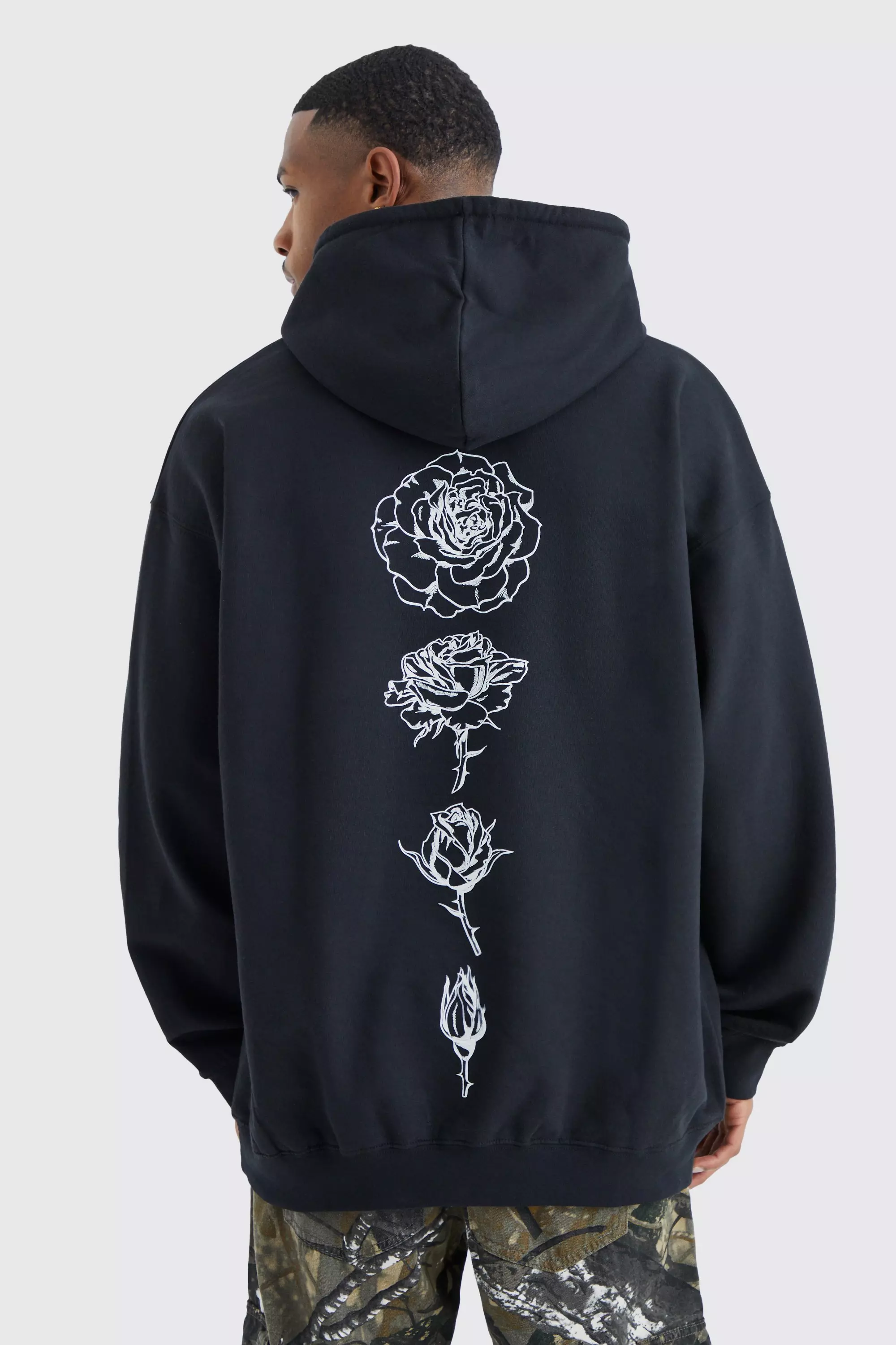 Black Oversized Rose Graphic Hoodie