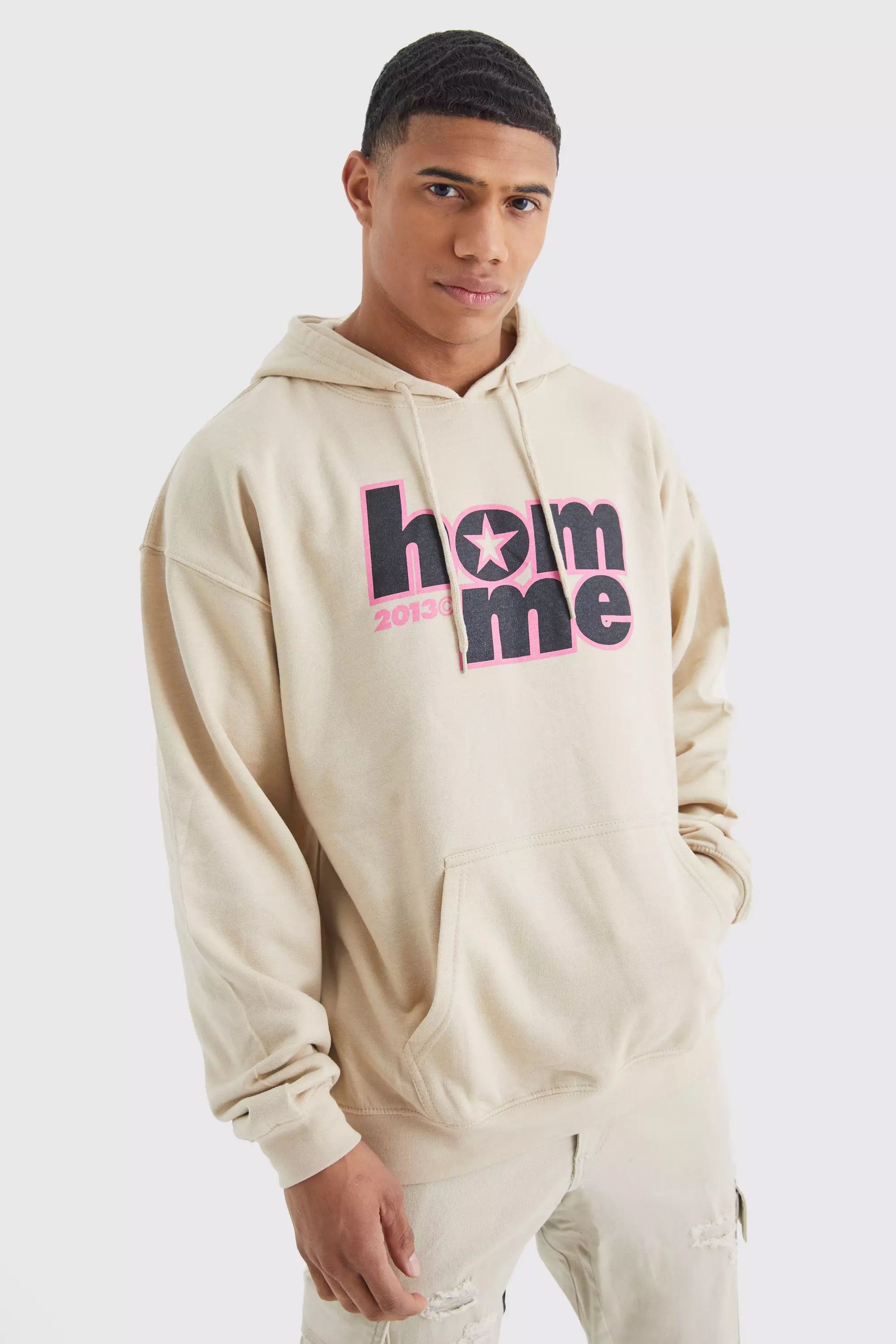 Sand Beige Oversized Homme Graphic Hoodie