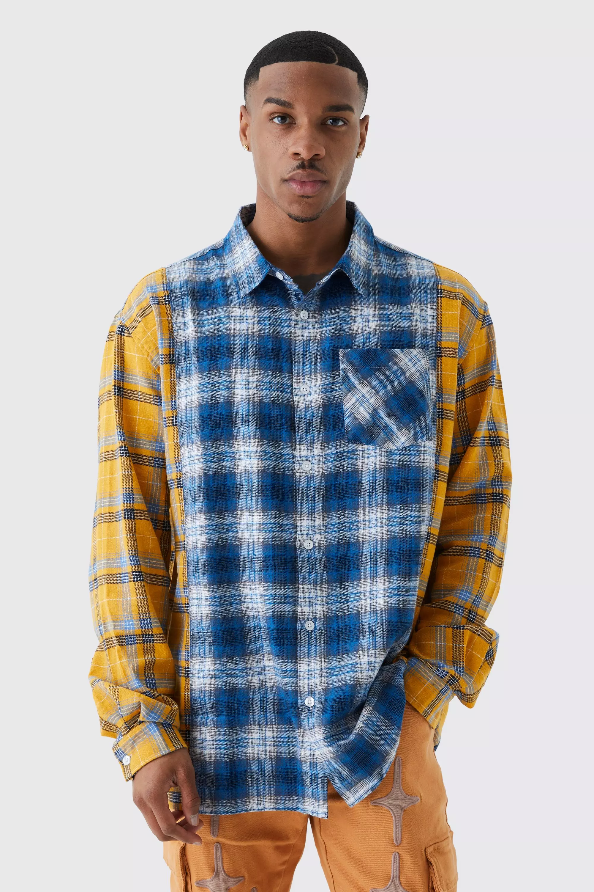 Oversized Spliced Checked Shirt Multi