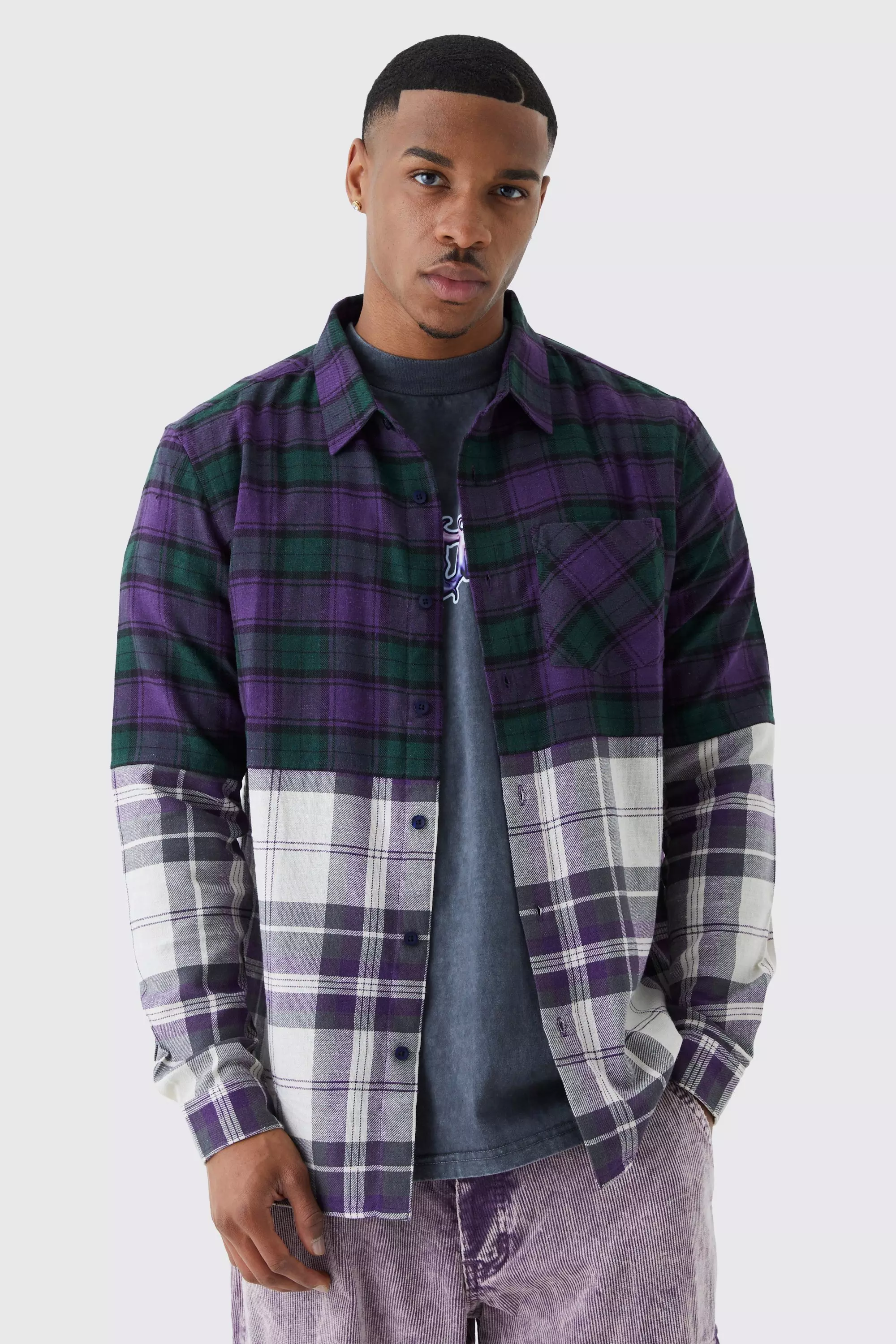 Regular Distressed Spliced Checked Shirt Multi