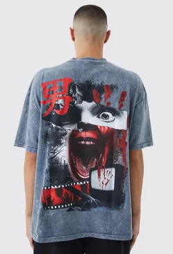 Charcoal Grey Oversized Face Graphic Acid Wash T-shirt