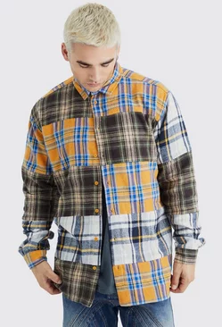 Oversized Distressed Patch Checked Shirt Multi