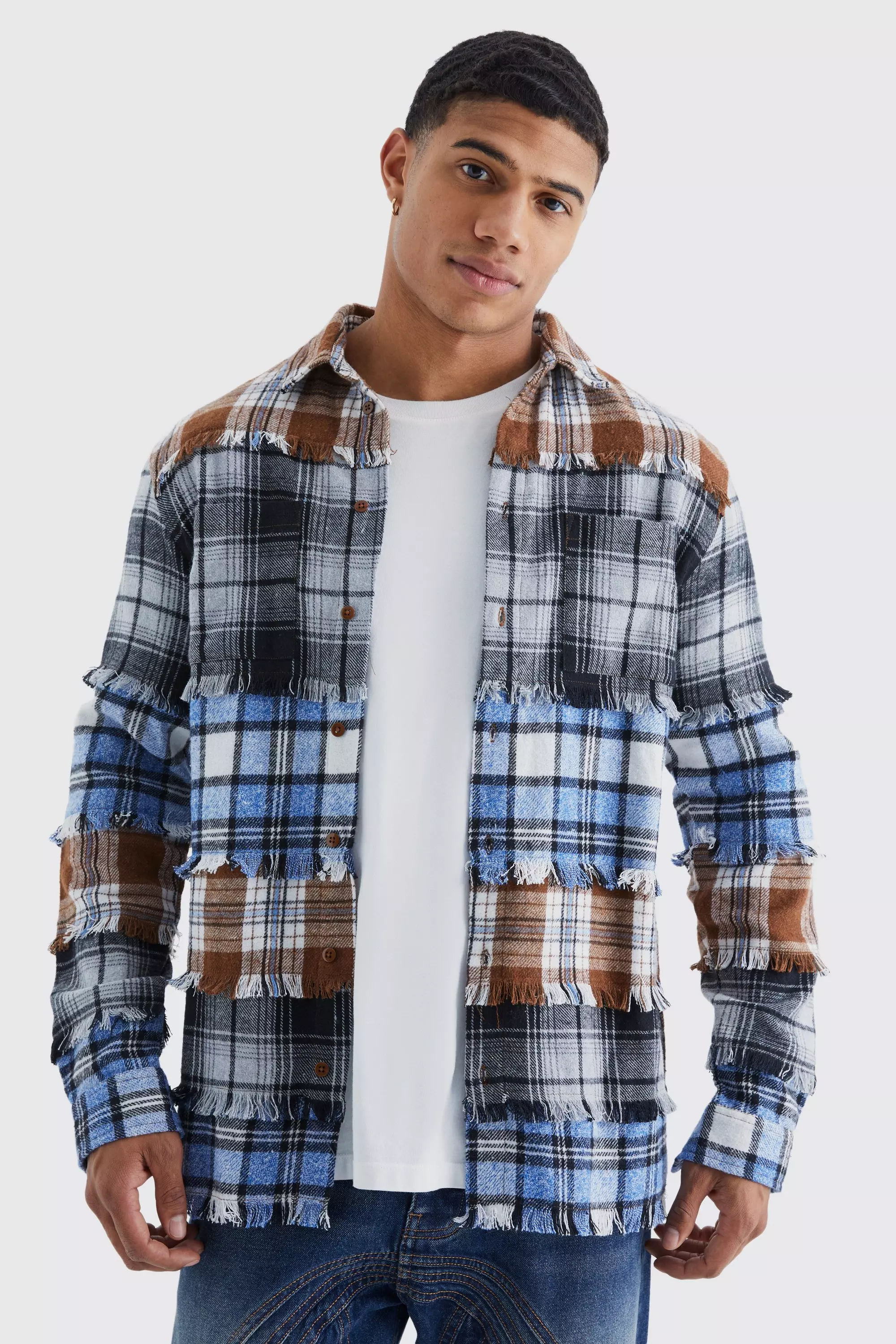 Distressed Spliced Checked Shirt Multi