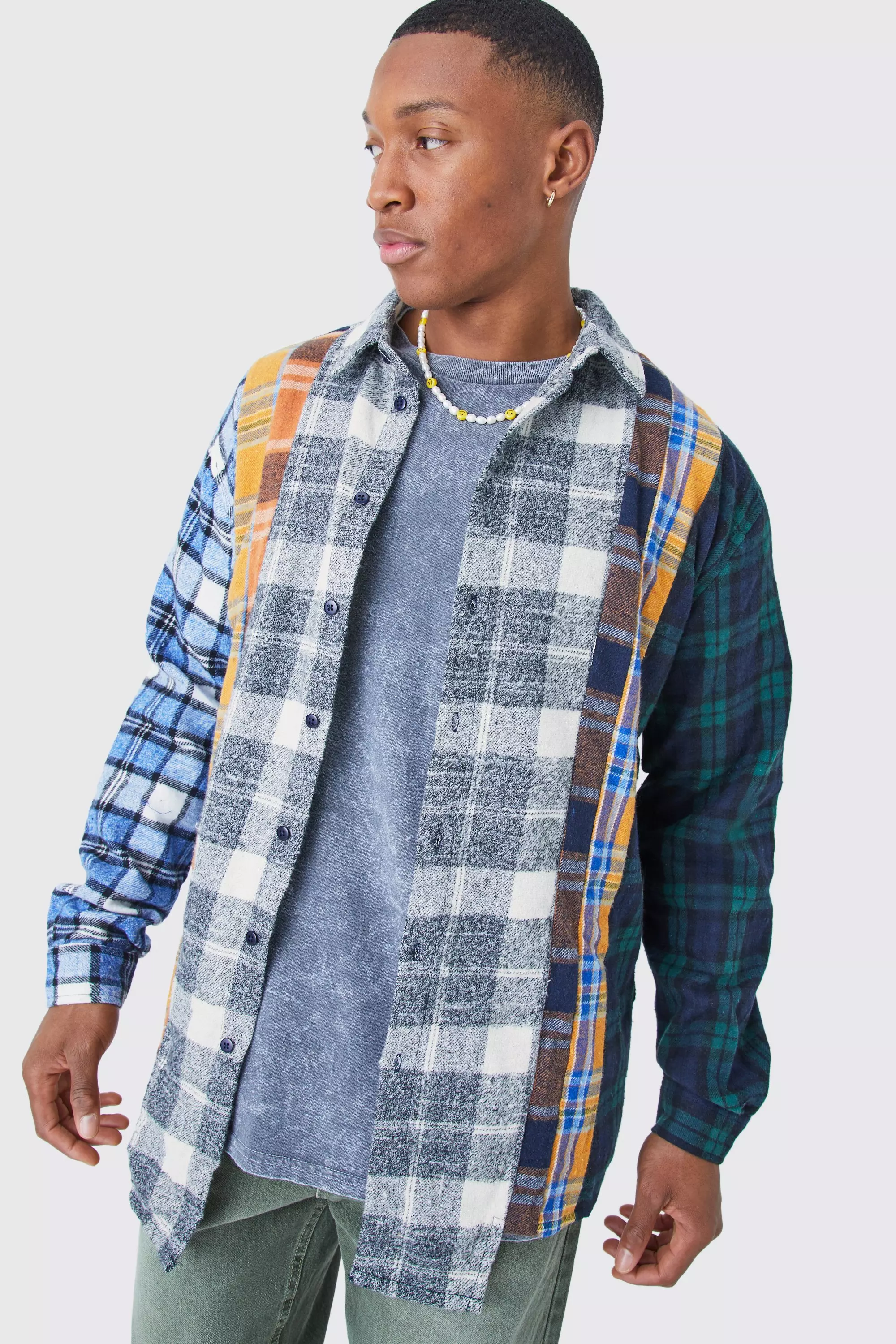 Oversized Asymmetric Multi Checked Shirt Multi