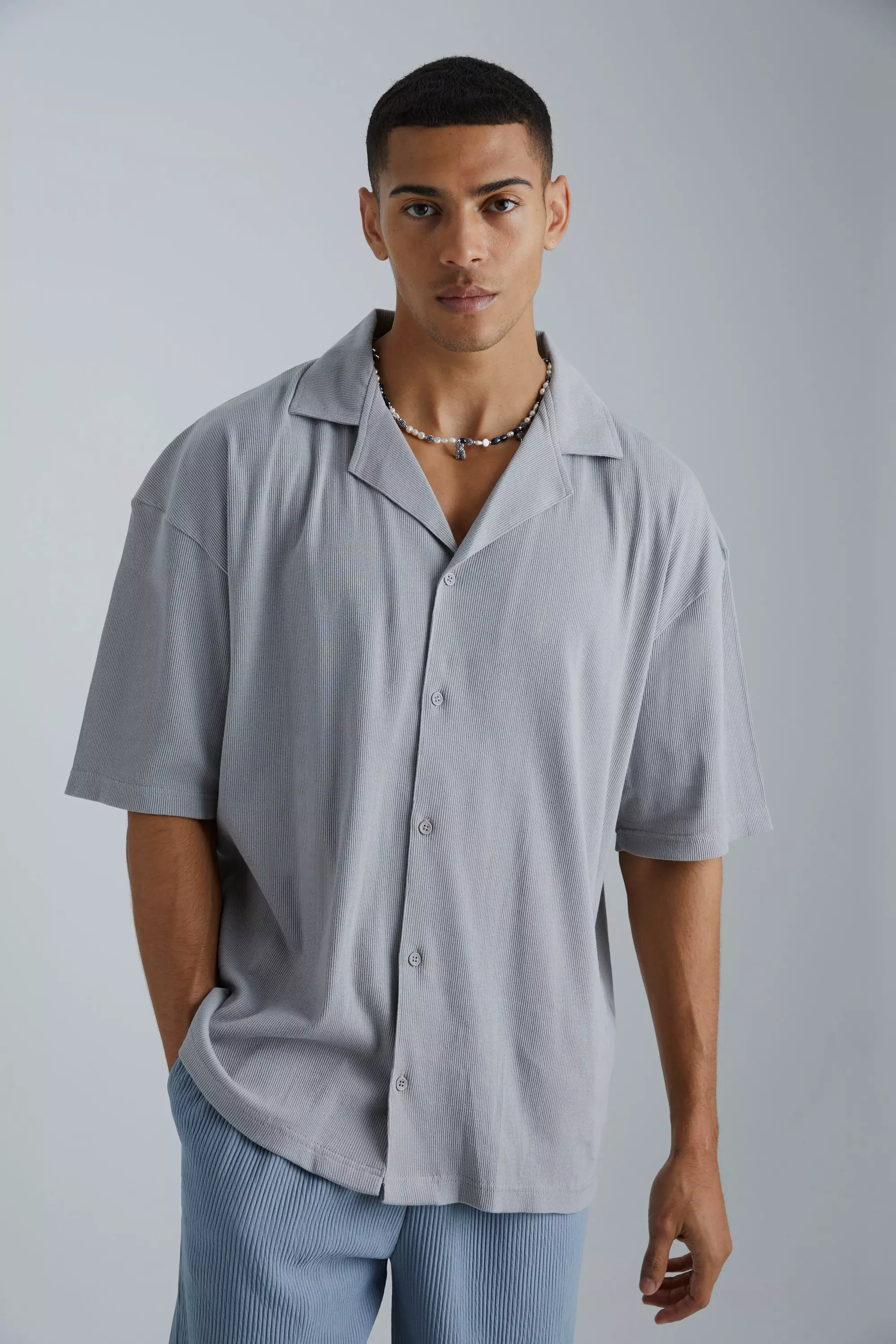 Charcoal Grey Short Sleeve Boxy Revere Rib Jersey Shirt