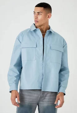 Blue Pu Boxy Oversized Long Sleeve Shirt