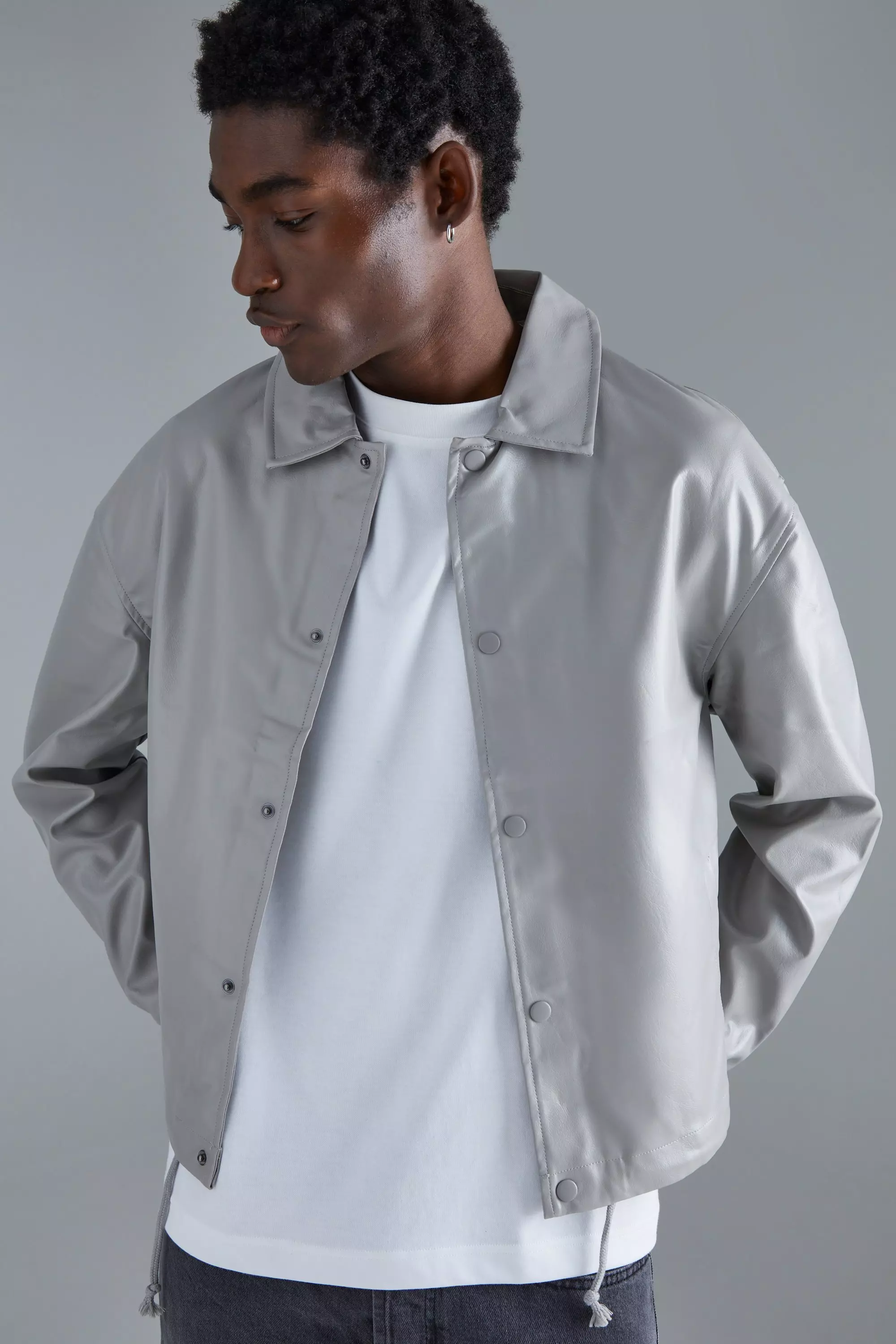 Long Sleeve Pu Boxy Popper Cord Overshirt Light grey