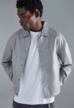 Long Sleeve Pu Boxy Popper Cord Overshirt Light grey