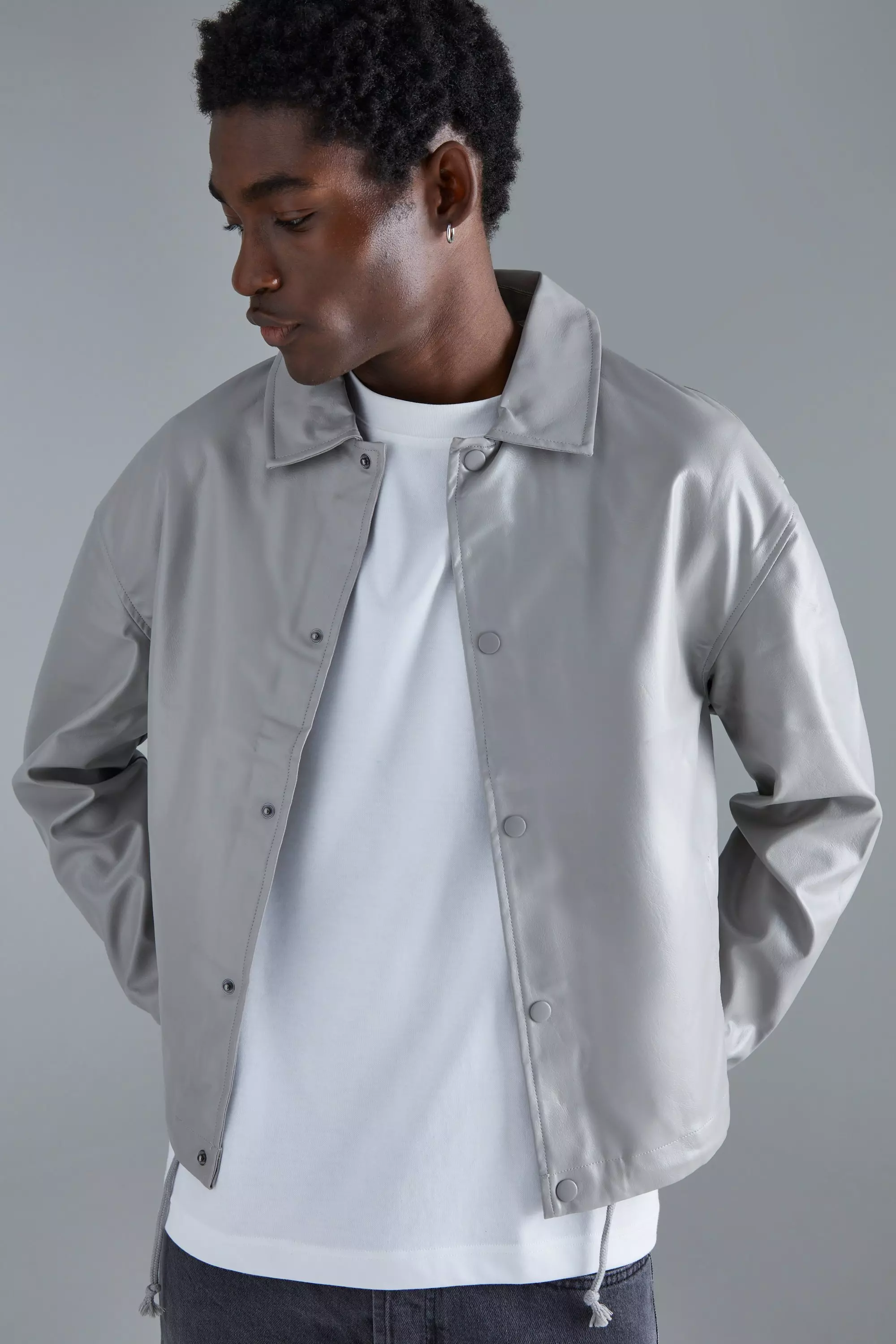 Grey Long Sleeve Pu Boxy Popper Cord Overshirt
