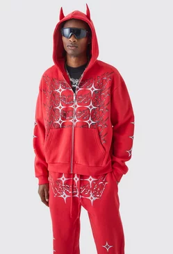 Oversized Boxy Grunge Zip Through Ear Hooded Tracksuit Red