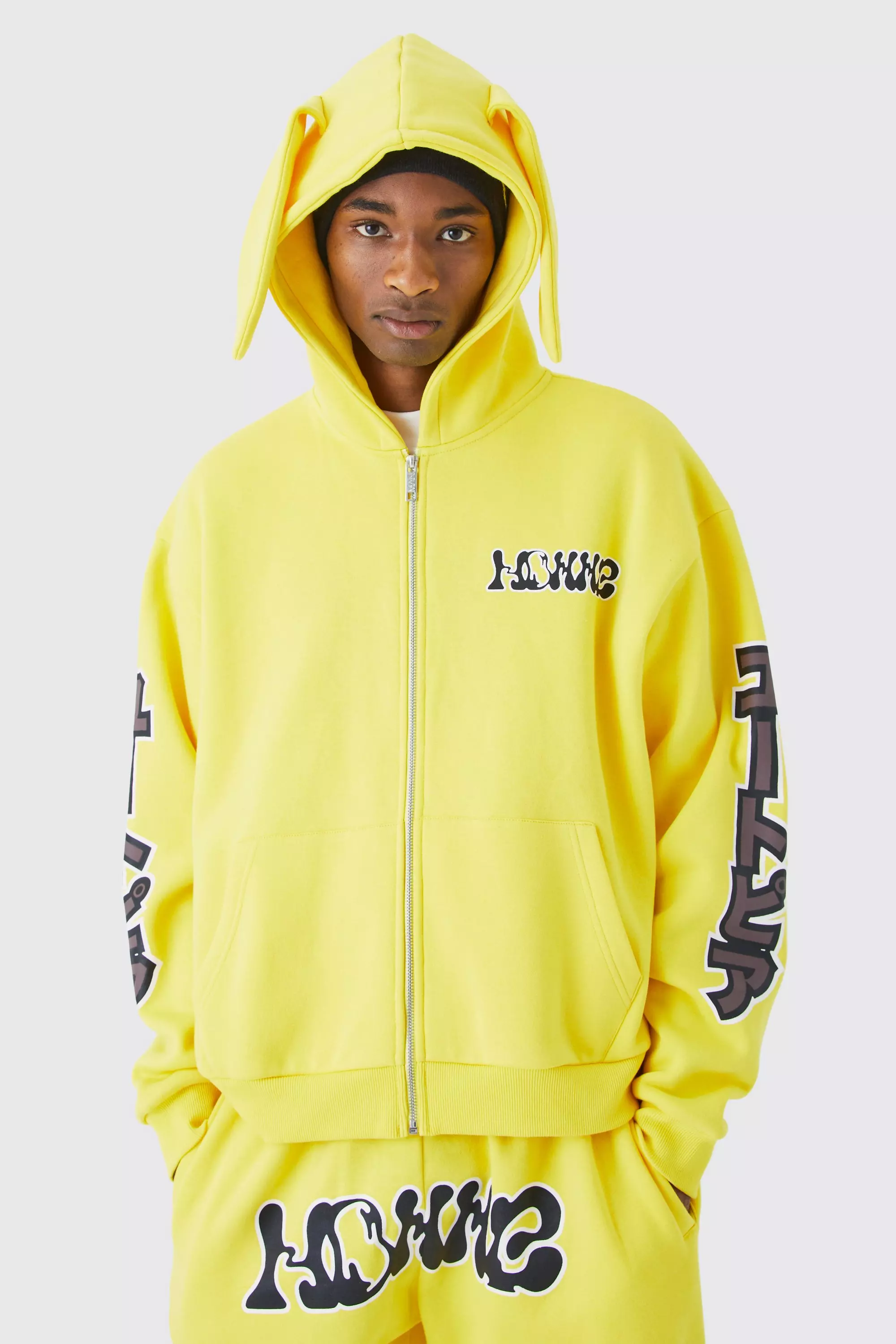 Yellow Oversized Boxy Homme Zip Through Ear Hoodie