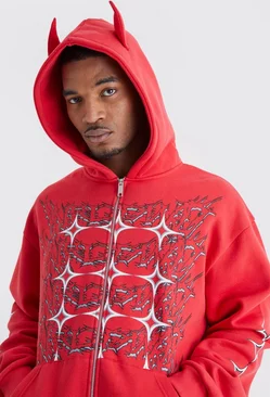 Red Tall Oversized Boxy Grunge Zip Through Ear Hooded Tracksuit