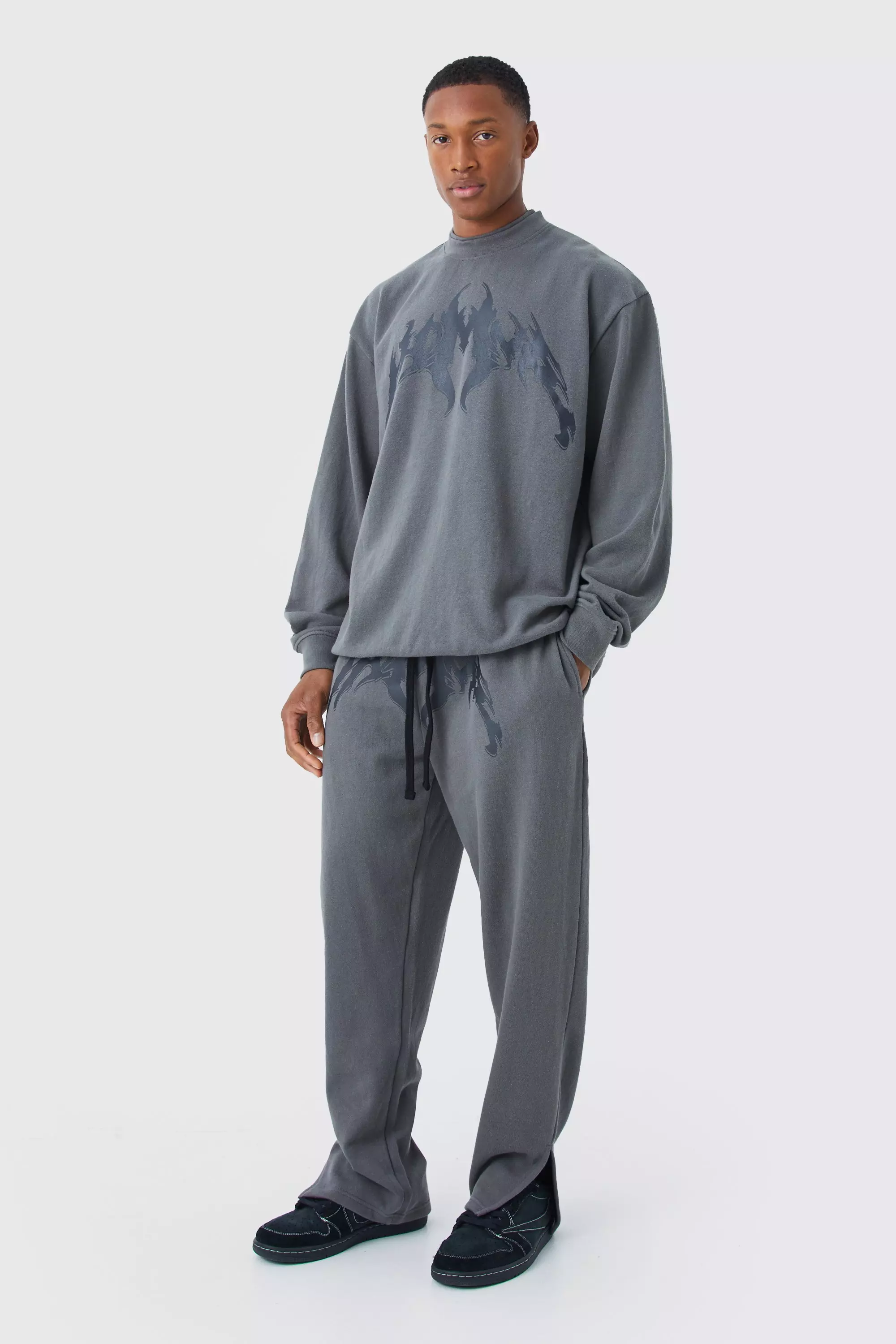 Charcoal Grey Oversized Double Neck Sweatshirt Tracksuit